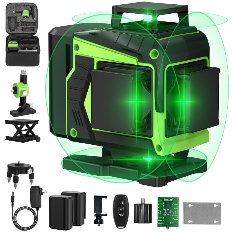 16 Line Laser Level 360° Self-Leveling - Professional 4D Green Cross Line Laser with Remote Control & Adjustable Brightness - Perfect for Construction, Picture Hanging, Tile Installation & DIY Projects - Includes 2 Rechargeable Batteries