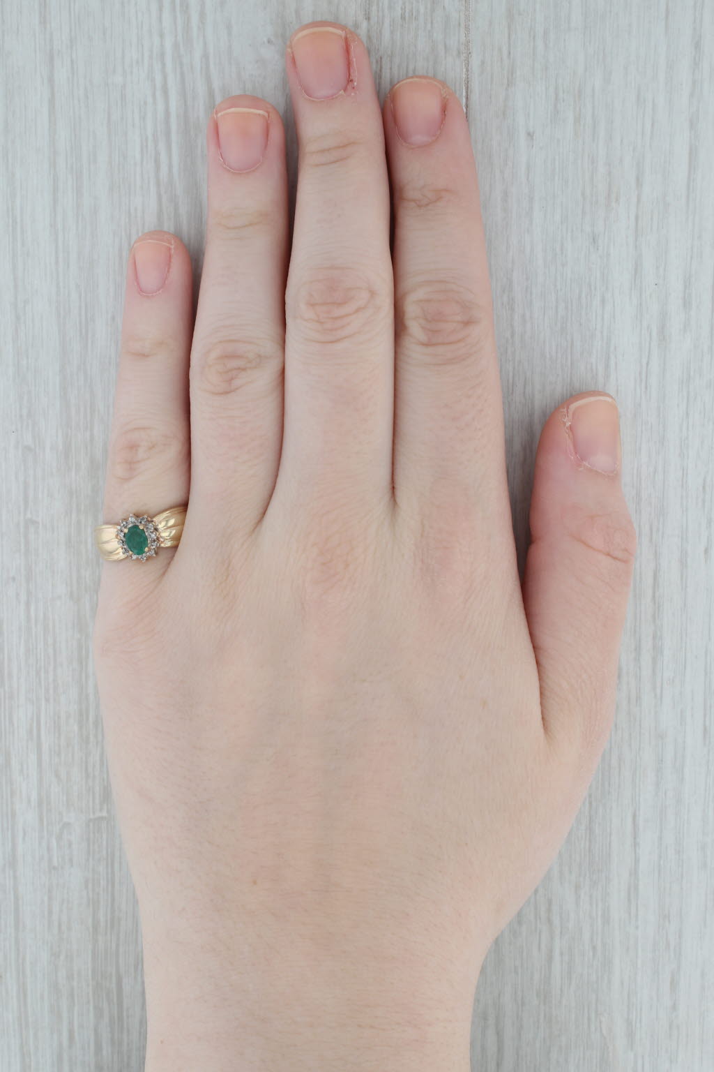 0.44ctw Oval Emerald Diamond Halo Ring in 10k Yellow Gold - Size 7.25 | Elegant Engagement, Wedding, Anniversary Jewelry Gift for Women