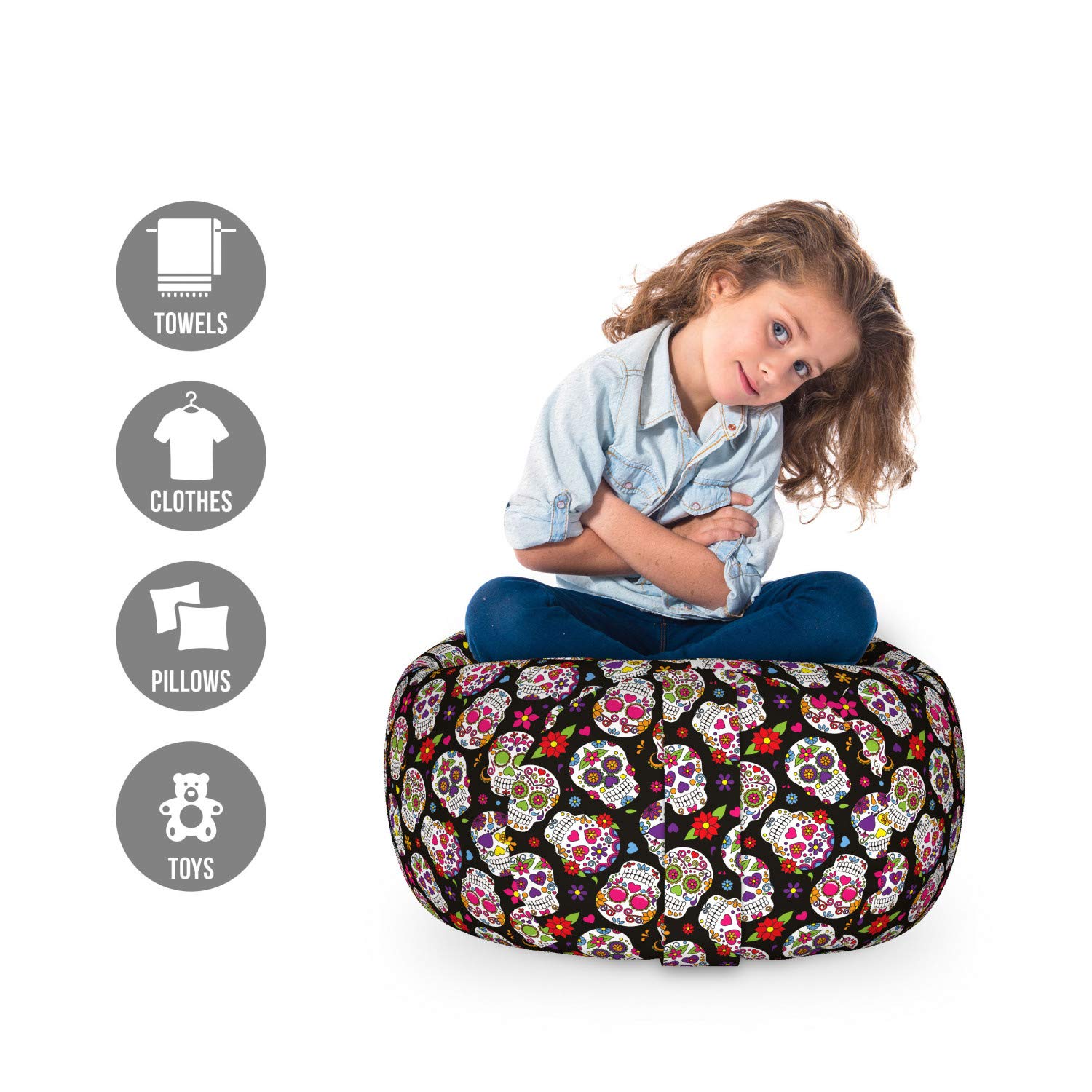 Ambesonne Sugar Skull Toy Storage Bag Chair - Graveyard Mexico Design Black Backdrop Print - Washable Stuffed Animal Organizer - Small Multicolor - Perfect for Kids' Room, Playroom & Toy Organization