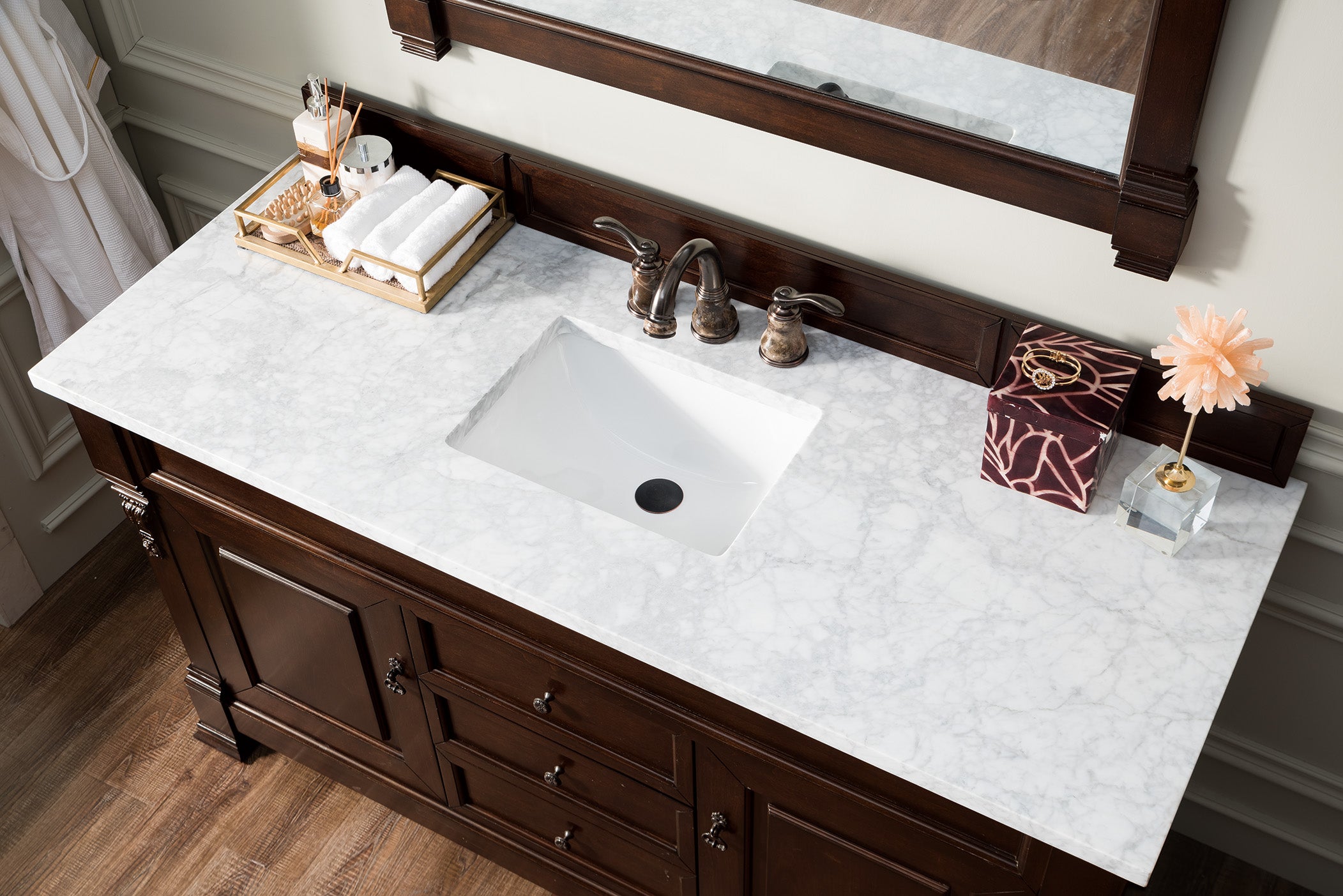 Brookfield 60 Inch Single Bathroom Vanity with Burnished Mahogany Finish & 3CM Carrara Marble Top - Perfect for Modern Master Bathrooms and Powder Rooms