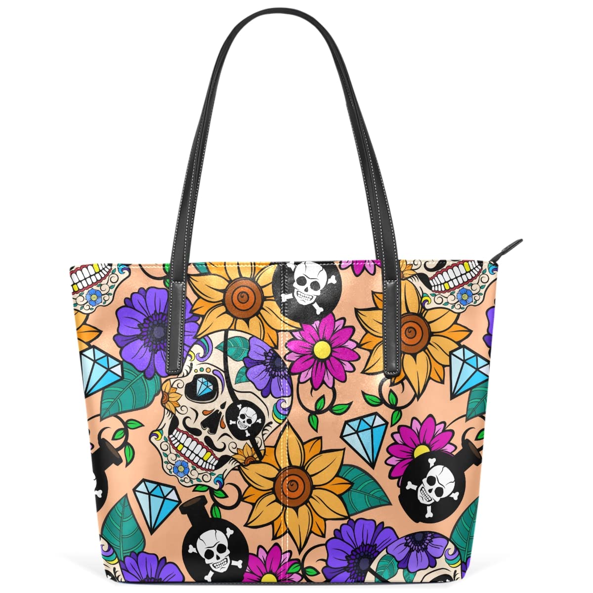 Gothic Rose Skull Tote Bag for Women - Big PU Leather Handbag for Work & Travel