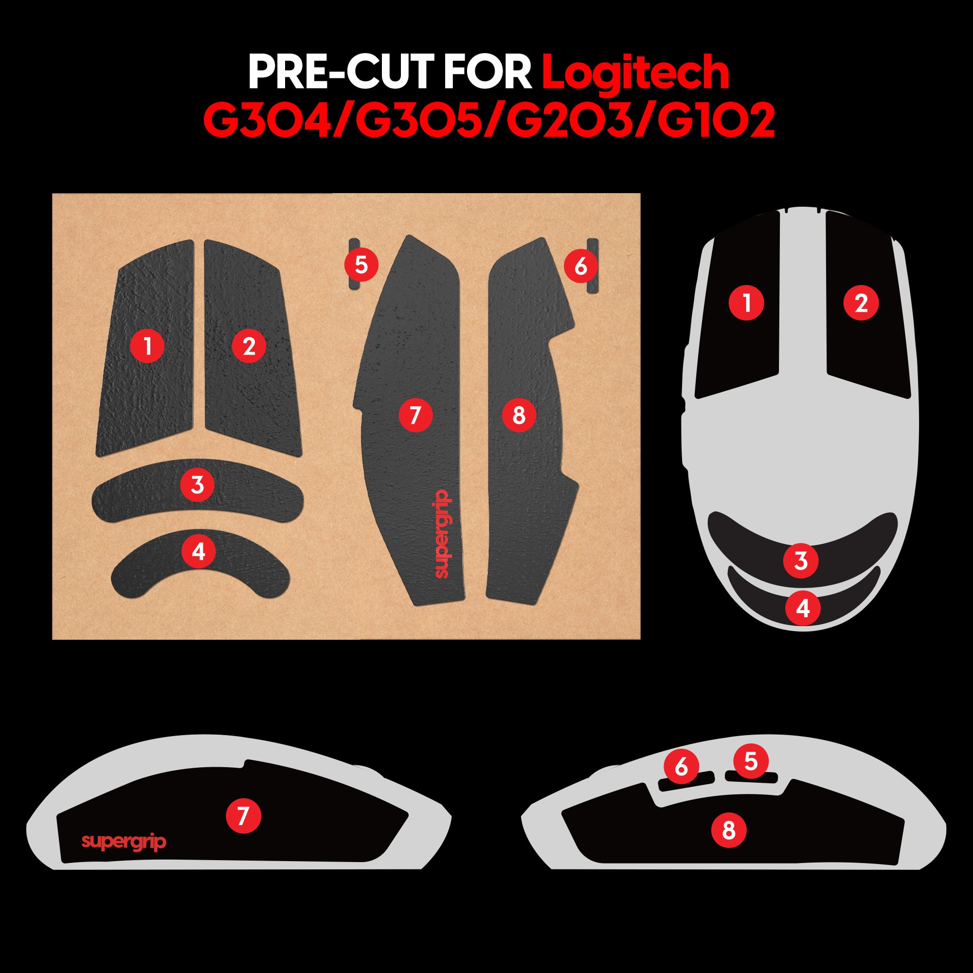 Pulsar Supergrip Grip Tape for Logitech G Pro, G102, G203, G304, G305 - Non-Slip Mouse Grip for Gaming & Esports Performance