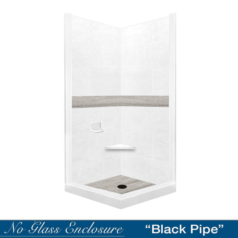 DIY Shower Remodel Kit - Natural Buff Sistine Stone & Sterling Oak Wood Accent Corner Set | Waterproof Bathroom Upgrade for Home Renovation | Perfect for Small Spaces & Modern Bathroom Designs