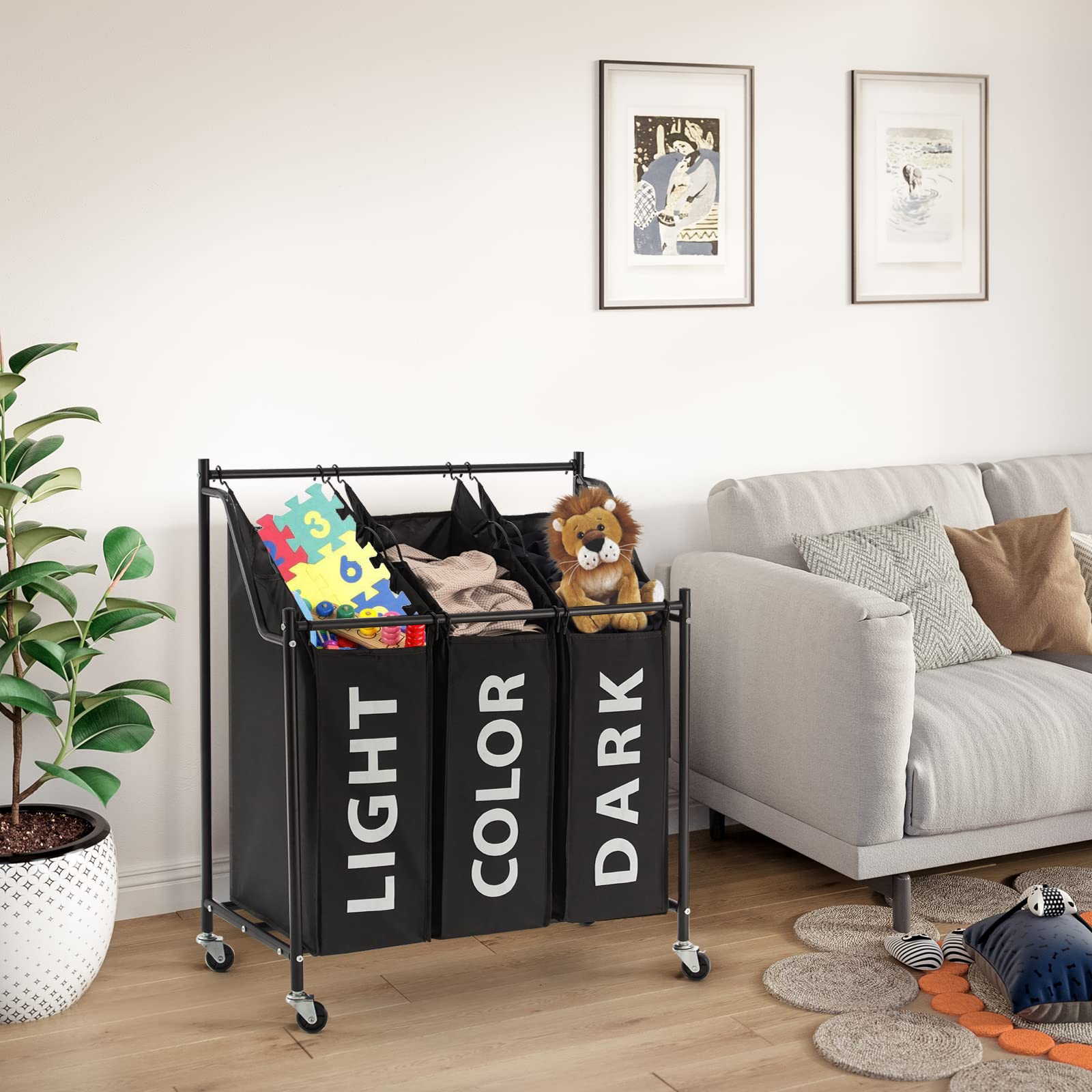3-Section Laundry Hamper with Wheels & Removable Fabric Bags - 45L x 3, Metal Frame, Black - Perfect for Bedroom, Laundry Room & Dorm Organization
