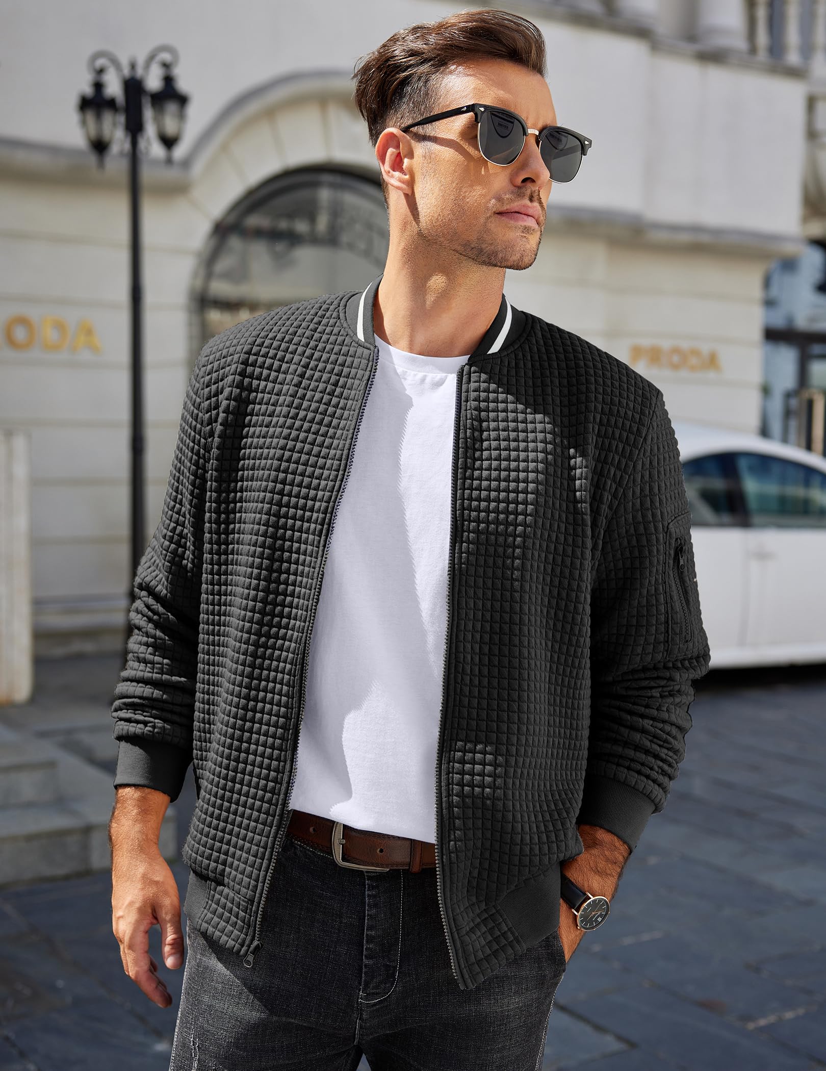 COOFANDY Men's Lightweight Bomber Jacket - Stylish Varsity Coat with Waffle Knit Texture, Zip-Up Casual Outerwear for Fall & Spring | Perfect for Streetwear, Dating, and Everyday Fashion