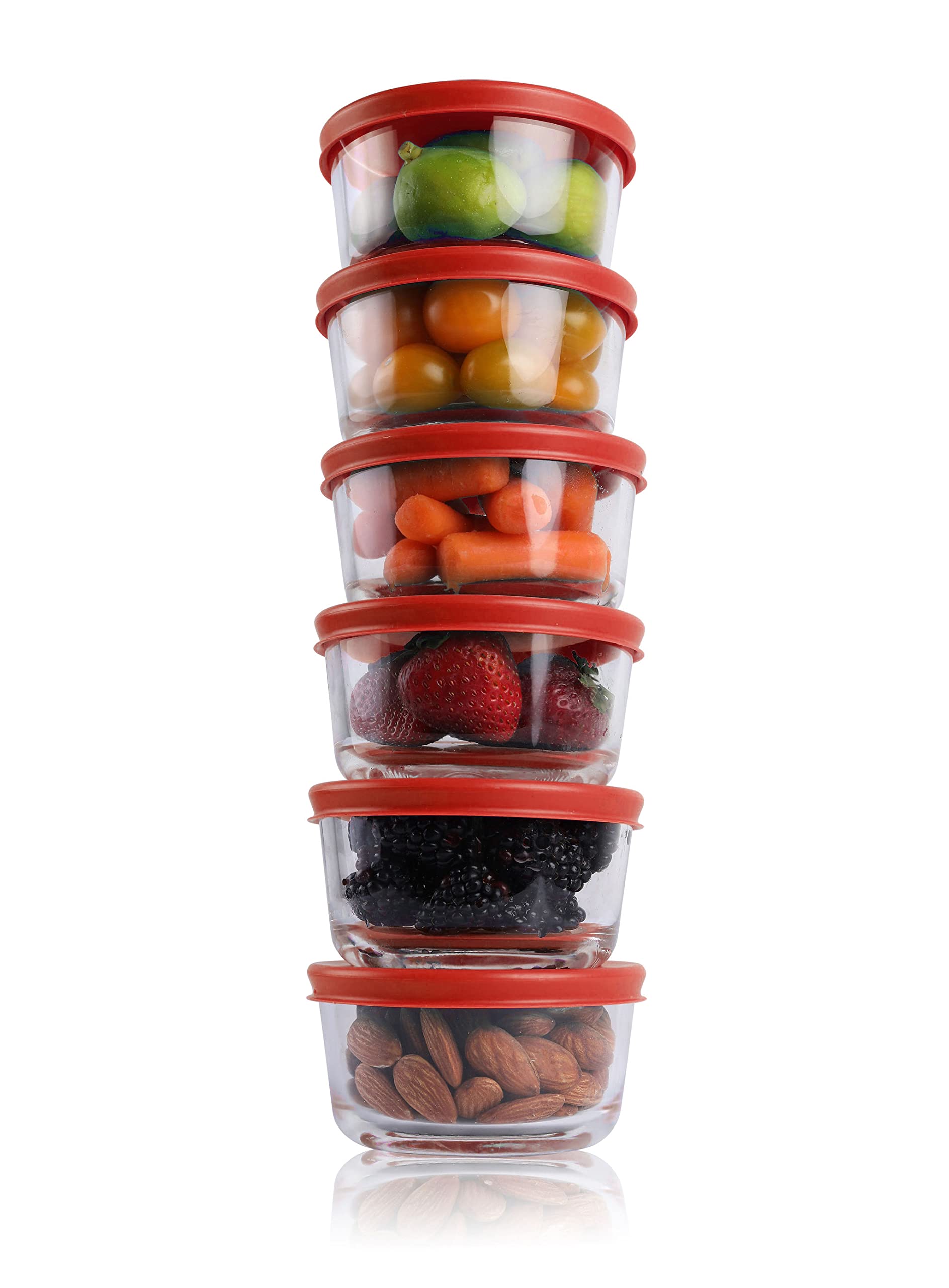 BOVADO USA 2 Cup Glass Food Storage Containers (6 Pack) - Airtight, Leakproof, Dishwasher, Freezer & Oven Safe - BPA-Free Glass Meal Prep Containers with Red Lids - Perfect for Leftovers, Meal Prep, and Pantry Organization