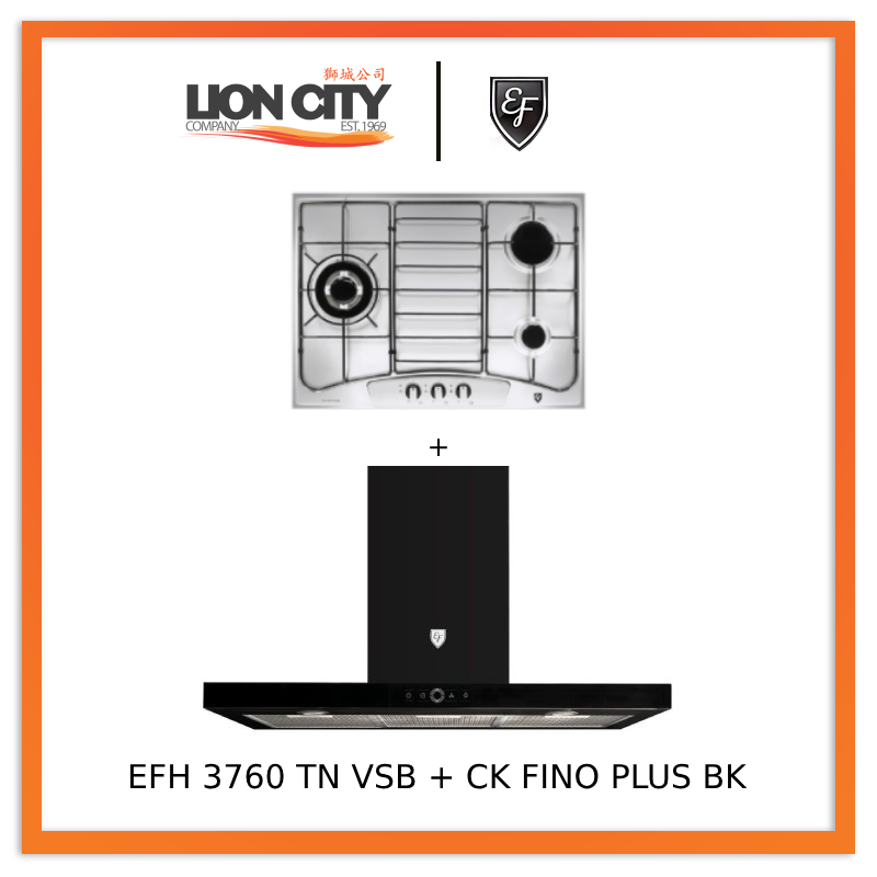EF 90cm Stainless Steel Chimney Hood CK FINO PLUS BK & EFH3760 68cm 3-Burner Gas Hob - Modern Kitchen Ventilation System for Home Cooking