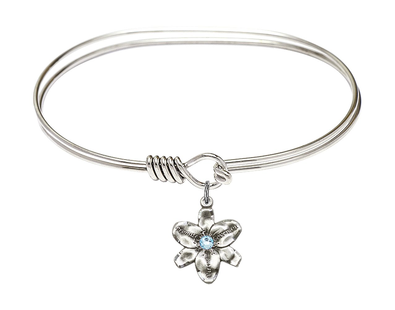 7 Inch Oval Eye Hook Bangle Bracelet with Chastity Medal Charm & March Blue Crystal - Elegant Jewelry for Women, Perfect for Valentine's Day, Anniversaries, and Special Occasions