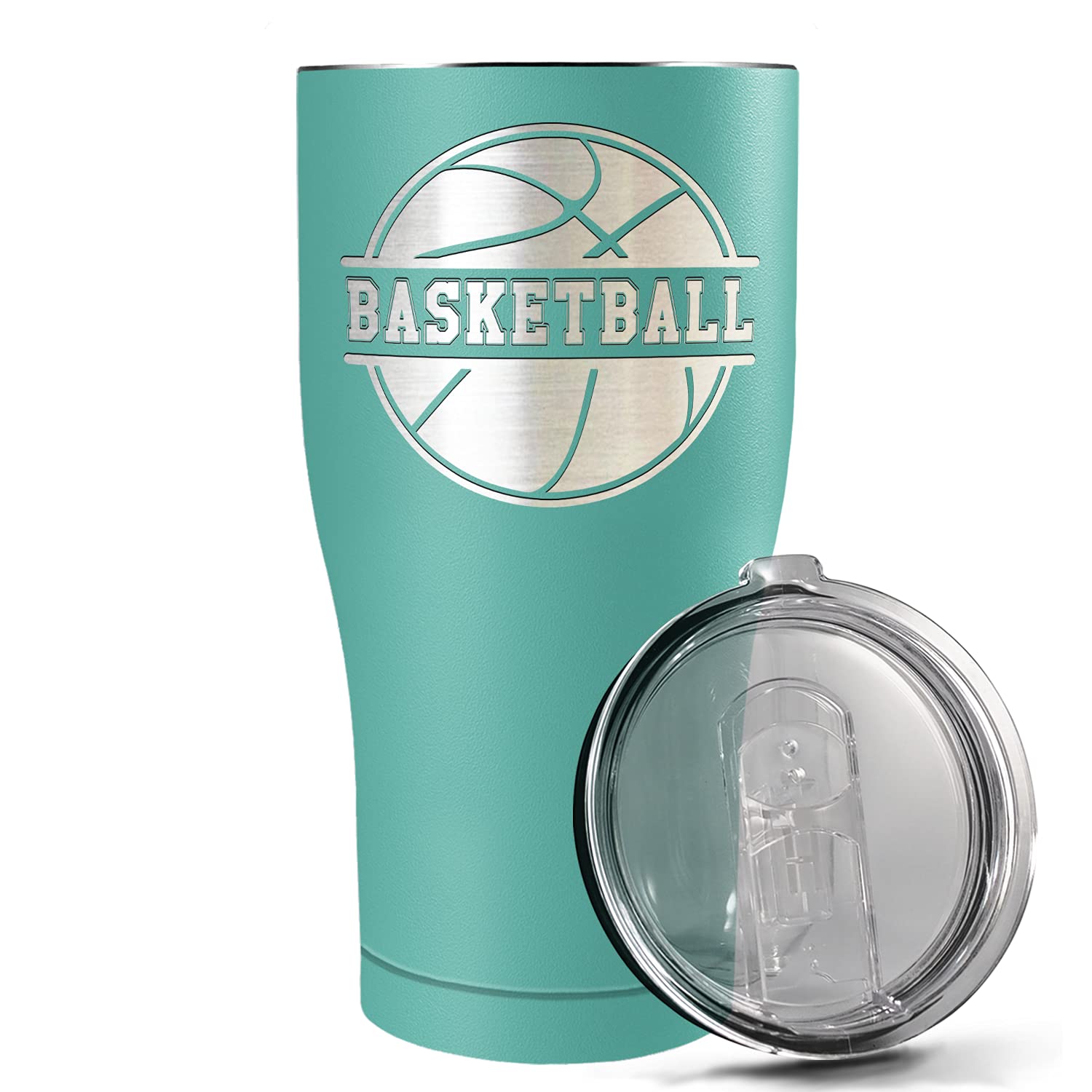 Laser Engraved Basketball Design 27oz Stainless Steel Tumbler with Lid - Insulated Seafoam Green Cup for Hot & Cold Drinks - Perfect Basketball Gift for Players & Fans