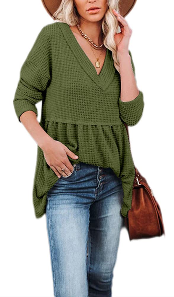 Baashaba Women's Long Sleeve Ruffle Hem Peplum Top - Casual Waffle Knit Blouse for Work, Date Night & Fall Layering