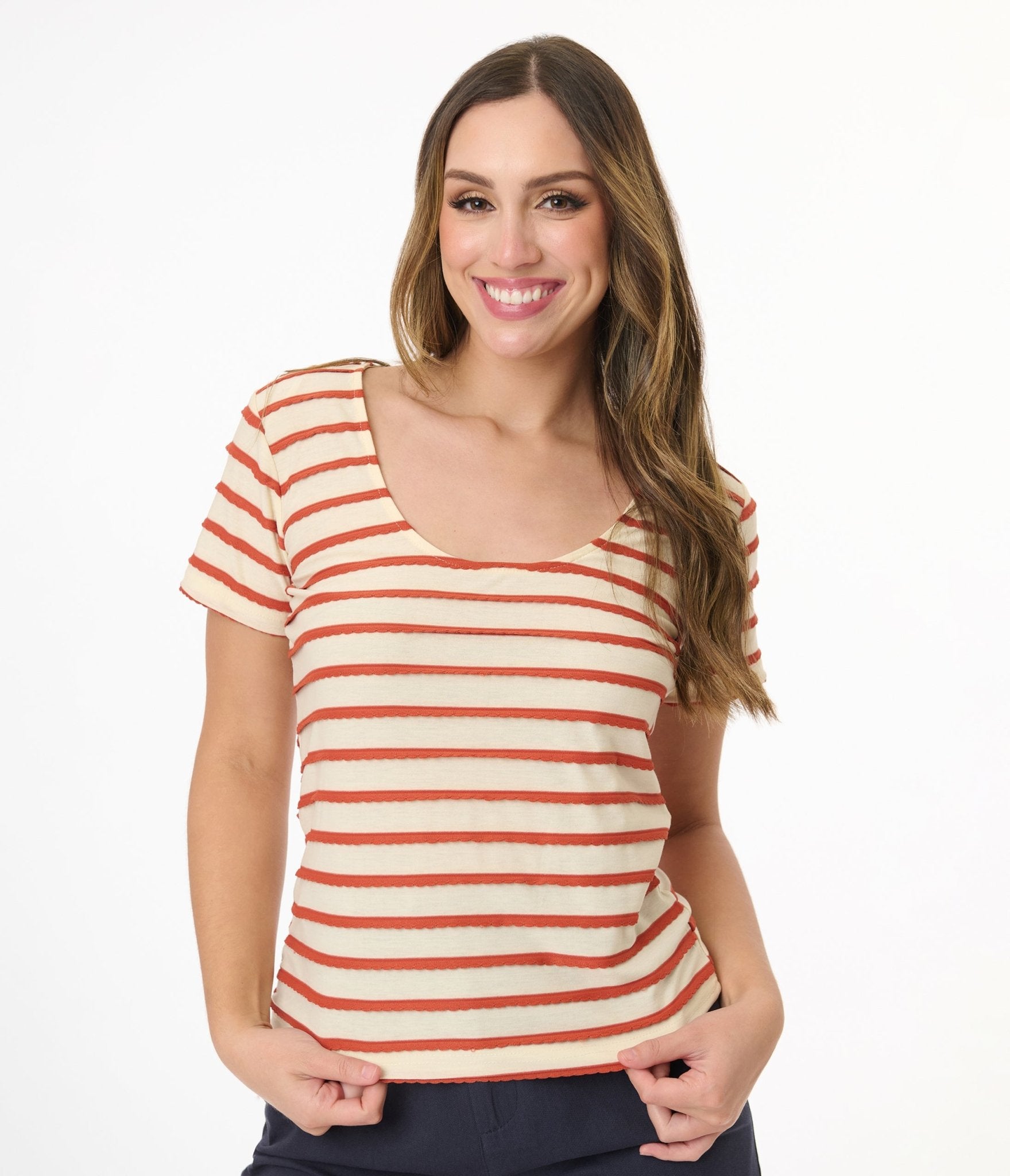 Royal Monk Tan & Rust Orange Ruffle Stripe Knit Top - Women's Boho Chic Blouse for Casual Outings & Date Nights