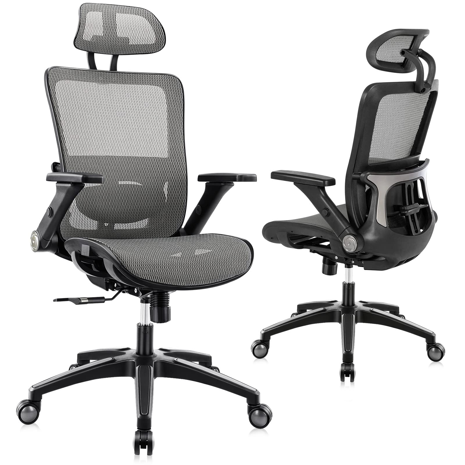 Ergonomic Mesh Office Chair with High Back, 3D Adjustable Armrests, Lumbar Support & Headrest - Grey - Perfect for Home Office, Gaming & Computer Workstations