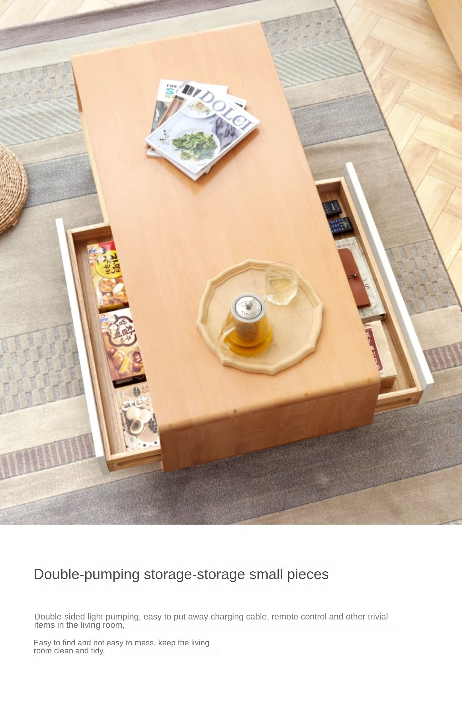 Solid Beech Wood Coffee Table - Rustic Warm Brown Finish for Living Room, Lounge & Home Decor