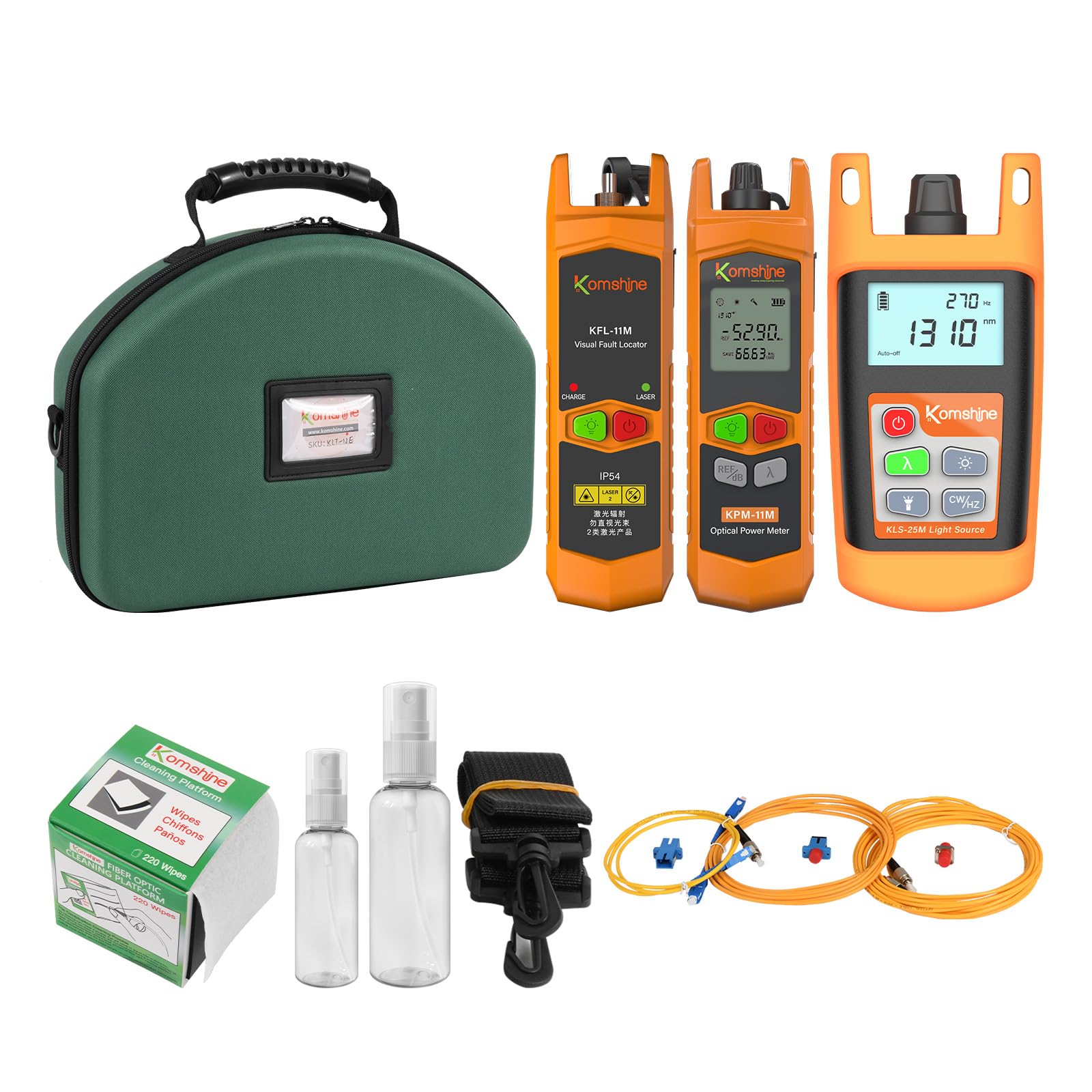 KLT-12E Fiber Optic Test Kit with OPM Power Meter (-70~+6dBm), OLS Light Source, VFL Visual Fault Locator (5-8km) & Cable Cleaning Wipes - Professional Network Cable Tester for Telecom, Data Center & FTTH Installations