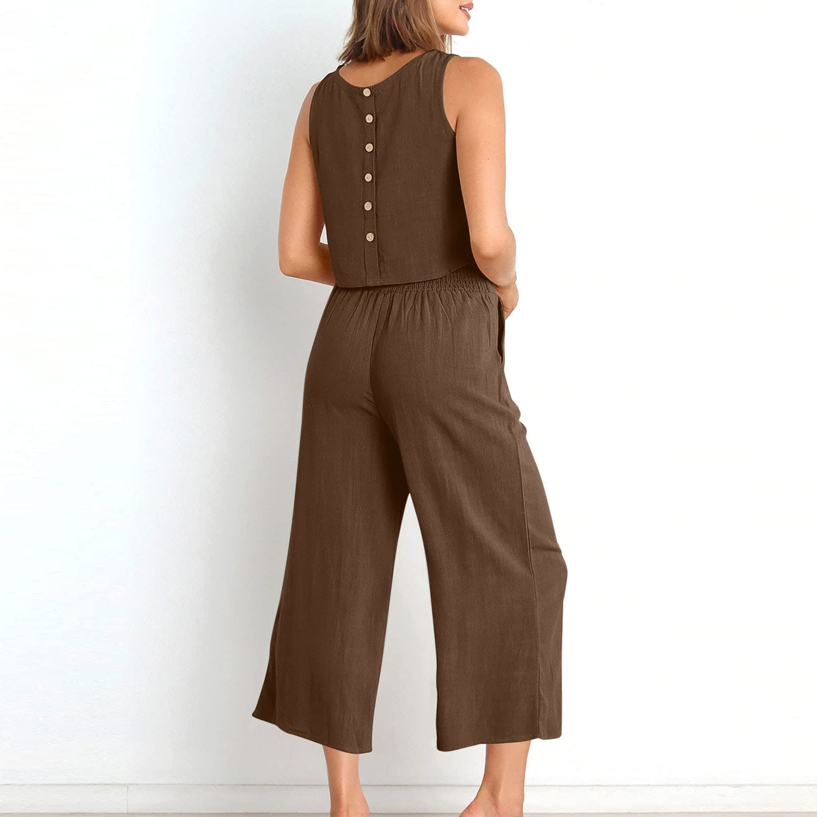Women's 2-Piece Summer Outfit Set - Linen Crop Top & High Waist Wide Leg Capri Pants Lounge Set | Casual Wear, Beach Vacation, Yoga, Street Fashion