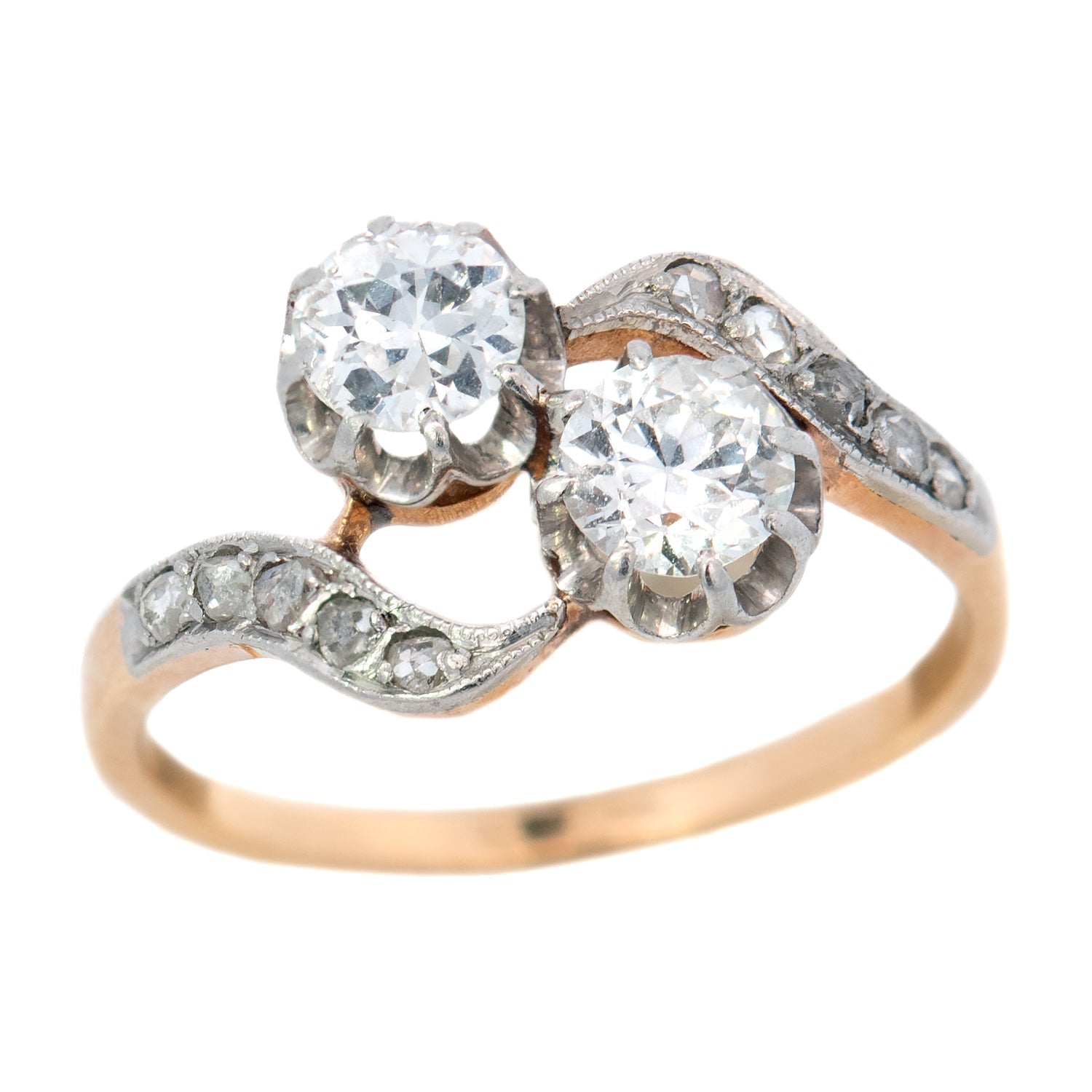 Edwardian 18k Gold & Platinum Moi et Toi Bypass Diamond Engagement Ring - Vintage Bridal Jewelry for Wedding Proposal & Anniversary Gifts