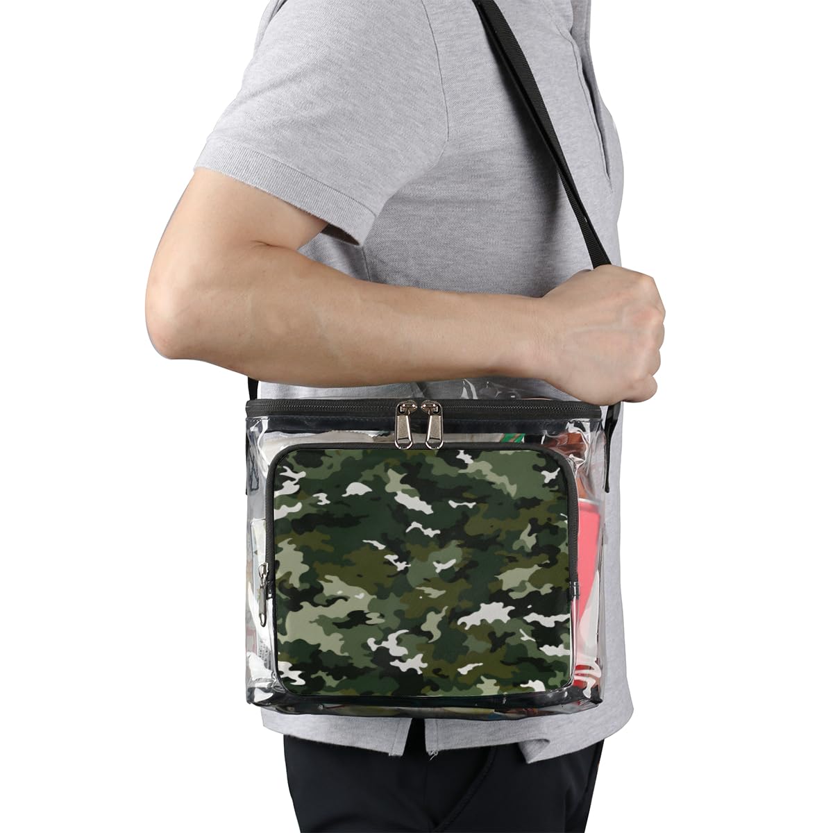 GzLeyigou Camouflage Print Clear Tote Bag with Handles - Fashion Camo Green Transparent Crossbody Shoulder Bag for Lunch, Outdoor, Travel, Picnic, Concerts & Sports Events (Stadium Approved) - Perfect for School, Beach, Shopping & Festival Use