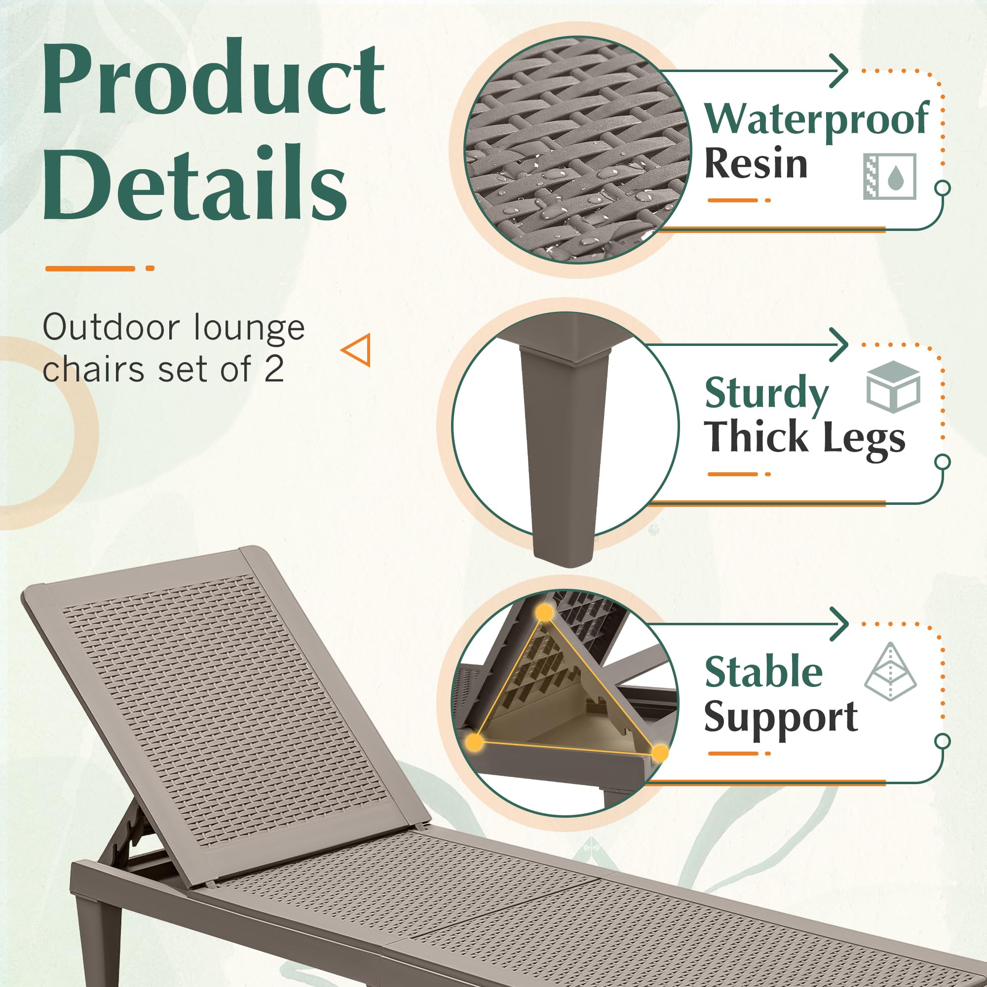 **GUNJI Waterproof Resin Outdoor Lounge Chairs Set of 2 – Adjustable Patio Chaise Loungers for Poolside, Deck & Beach – Sunbathing & Relaxation (Beige)**    *(Perfect for backyard relaxation, poolside lounging, beach vacations, or patio sunbathing!)*