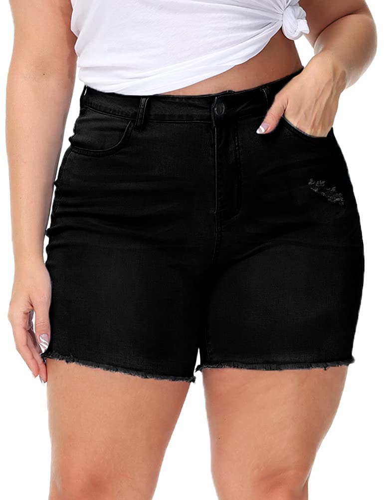 Gboomo Women's Plus Size High Waisted Stretchy Denim Shorts with Pockets - Raw Hem Distressed Jean Shorts for Casual Wear, Summer Outfits & Beach Vacations