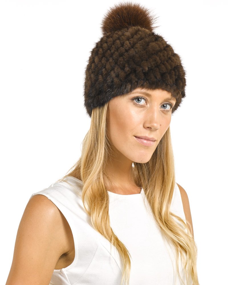 FrR Ciara Knit Mink Beanie with Fox Fur Pom Pom - Winter Warm Hat for Women, Outdoor Activities & Fashion Accessory