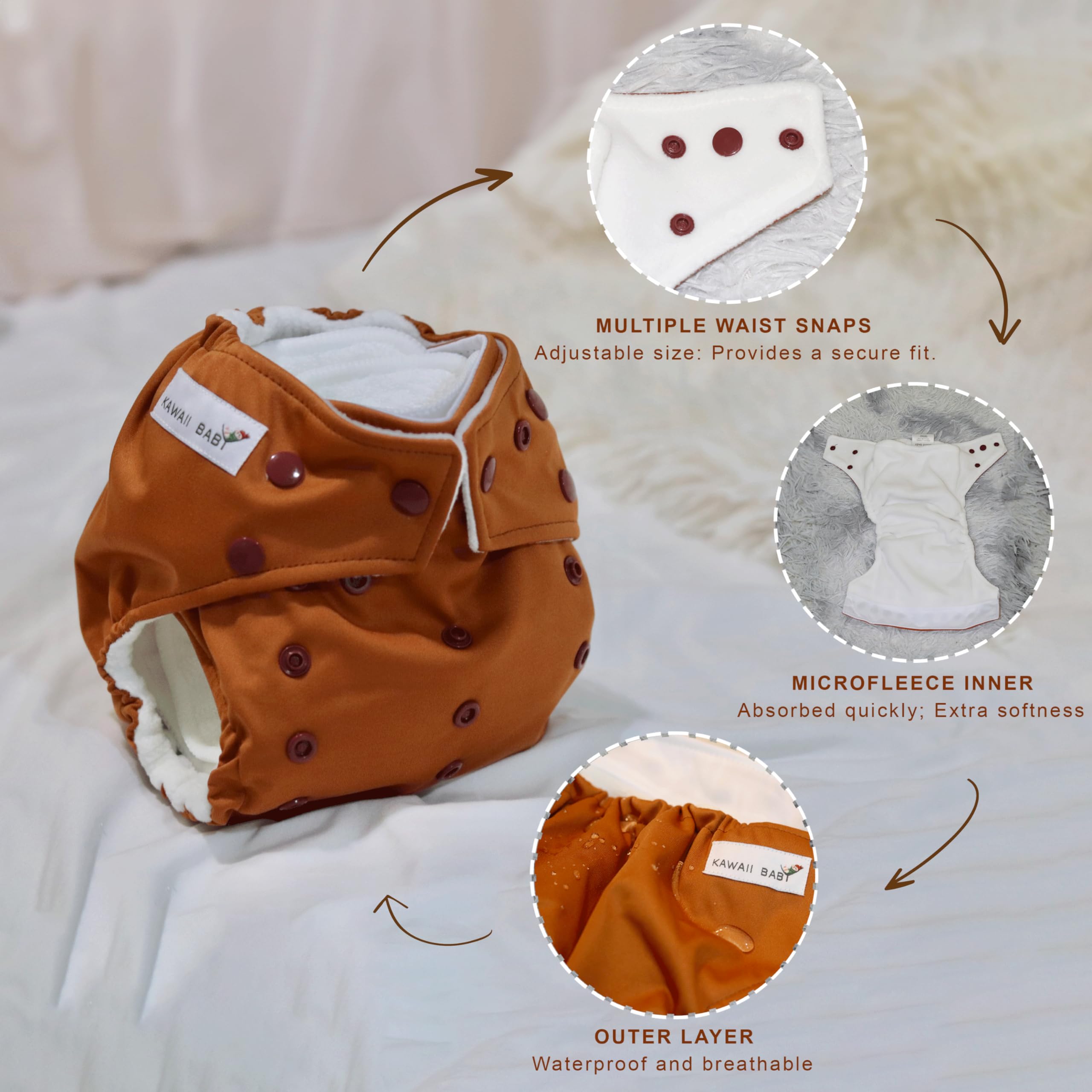 Kawaii Baby 12-Pack One Size Cloth Diapers + 24 Super Absorbent Inserts - Reusable, Double-Layer Waterproof Diapering System for Babies 8-36 lbs | Eco-Friendly, Leak-Proof for Daycare, Travel & Overnight Use
