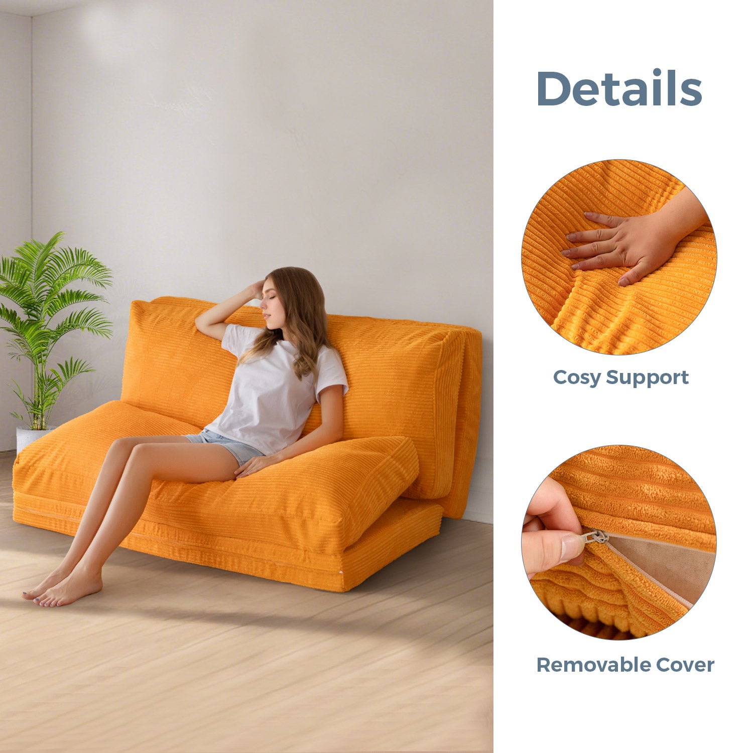 MAXYOYO Bean Bag Sofa Bed - Foldable Corduroy Floor Sofa with Washable Cover in Orange | Perfect for Living Room, Bedroom, Dorm & Game Room Relaxation