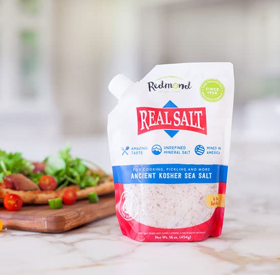 Redmond Real Sea Salt - Natural Unrefined Gluten Free Kosher Salt, 16 Ounce Pouch (2 Pack) - Perfect for Cooking, Baking & Seasoning