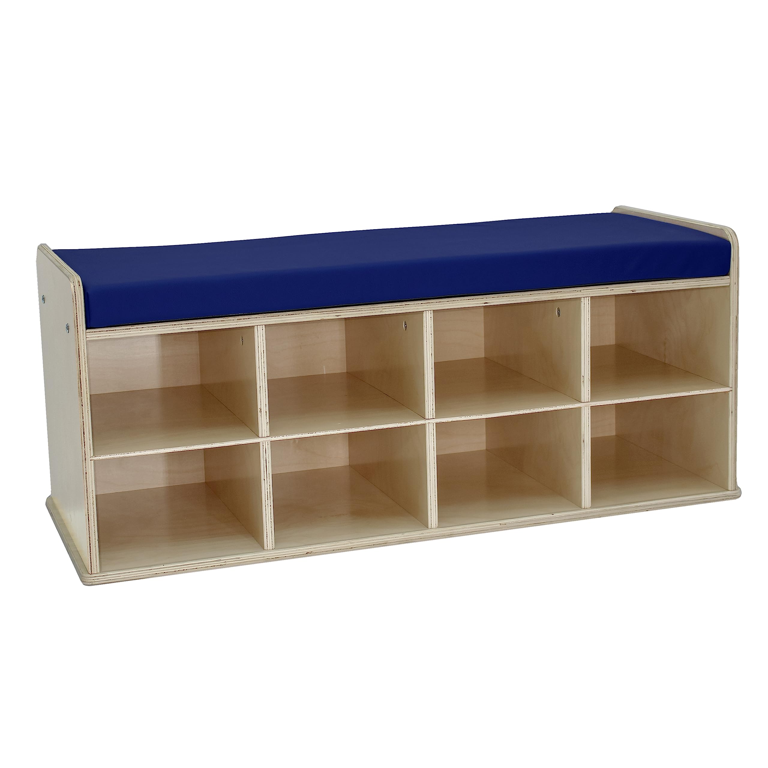 FDP Natural Birch 8-Compartment Storage Bench with Comfortable Blue Vinyl Seat (16
