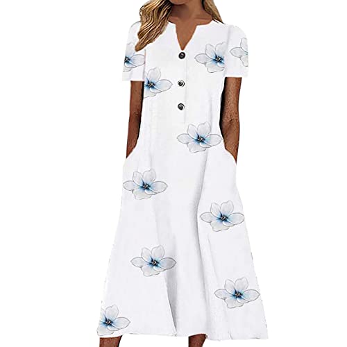 Women's Casual V-Neck Short Sleeve Button Print Midi Sundress with Pockets - Loose Fit Summer Dress (White, XXL) | Perfect for Beach Outings, Picnics, and Everyday Wear