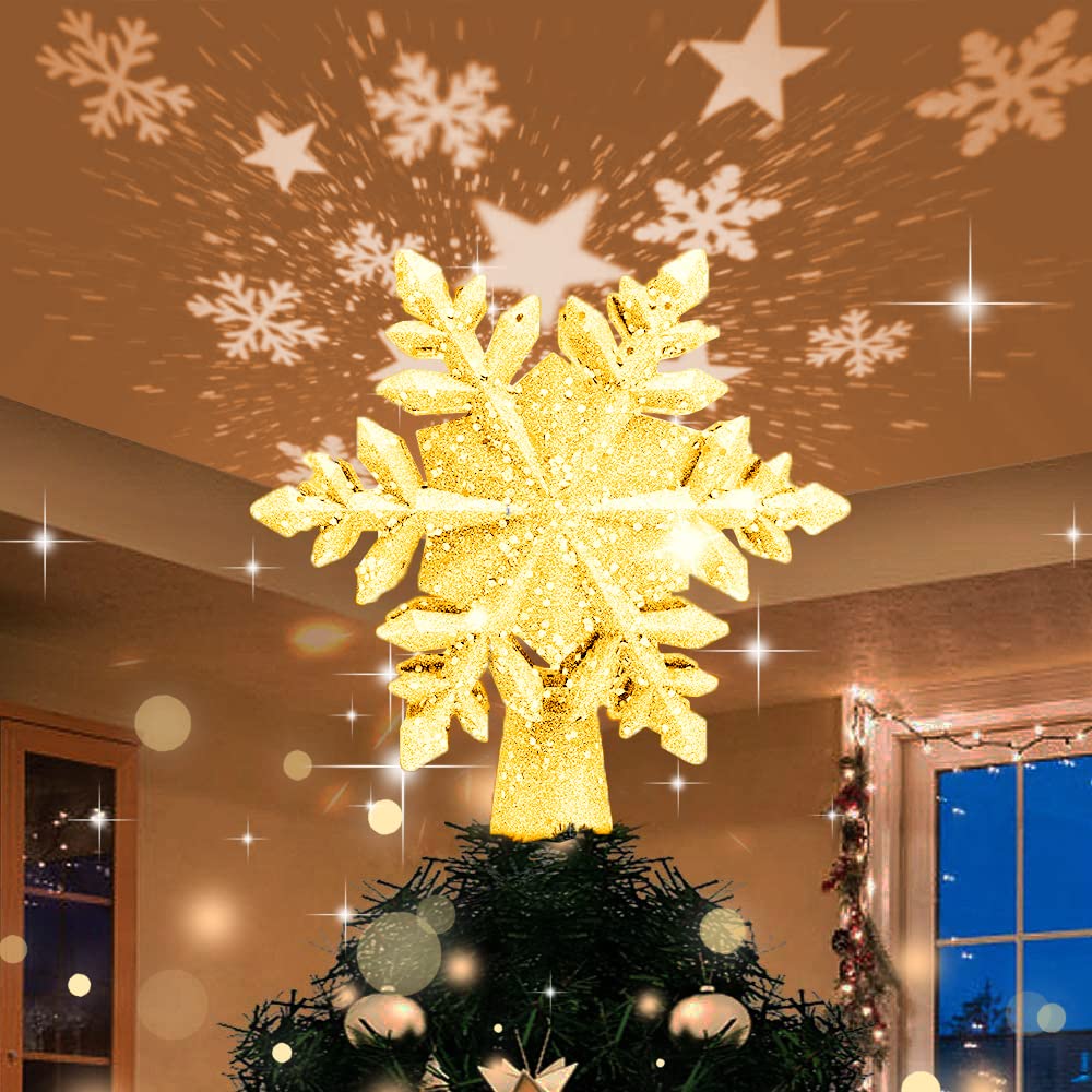 LED Snowflake & Star Christmas Tree Topper with Rotating Lights - 3D Glitter Gold Xmas Decor for Holiday Home Party Decorations | Perfect for Indoor Christmas Tree, Living Room, and Festive Celebrations
