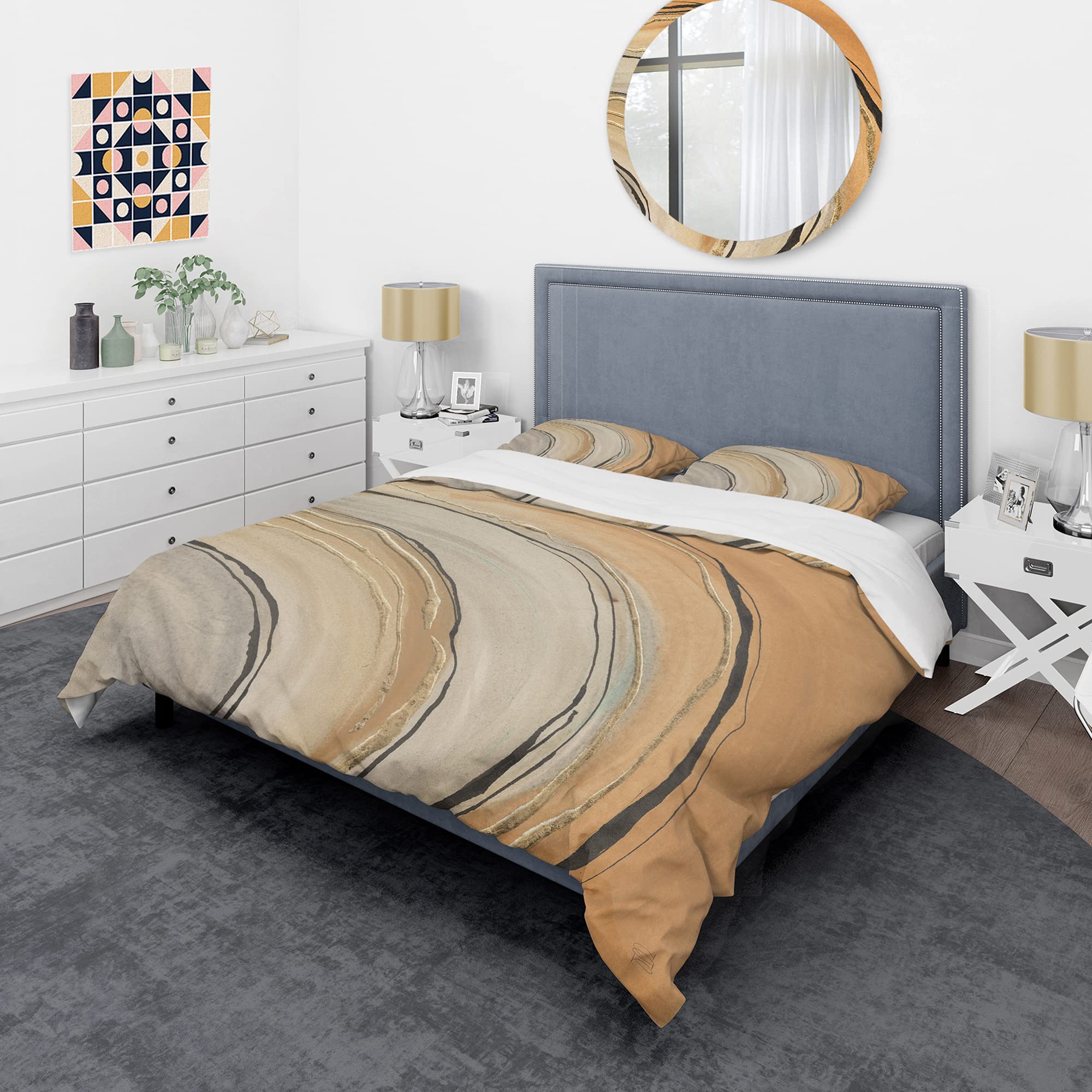 DesignQ Glam Canion II Modern & Contemporary Duvet Cover Set - King Size Gold Abstract Bedding (3-Piece) | All-Season Luxury Bedding for Master Bedroom & Guest Room Decor