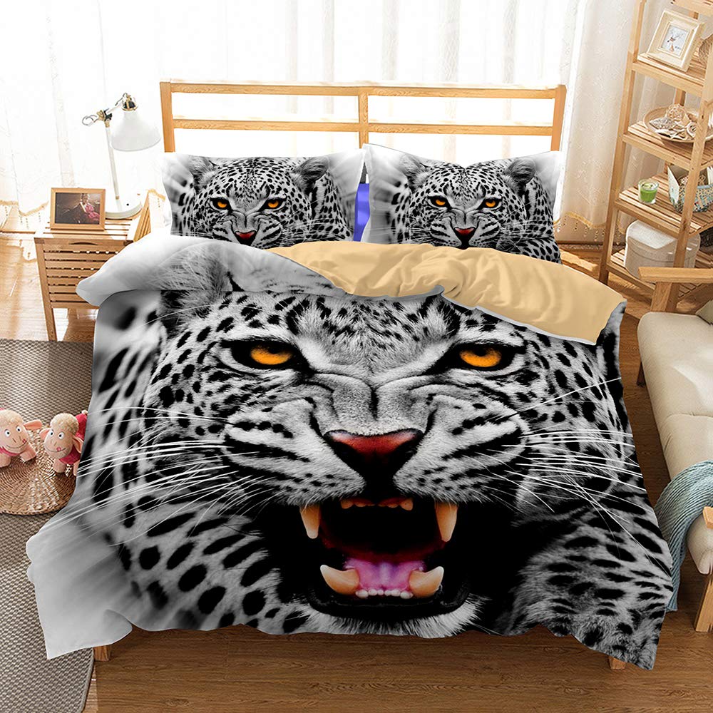 3D Snow Leopard Print Kids Bedding Set - Duvet Cover & Pillowcases for Twin/Queen Size | Soft Children's Bedclothes & Home Textiles | Perfect for Jungle Themed Bedrooms & Cozy Sleep