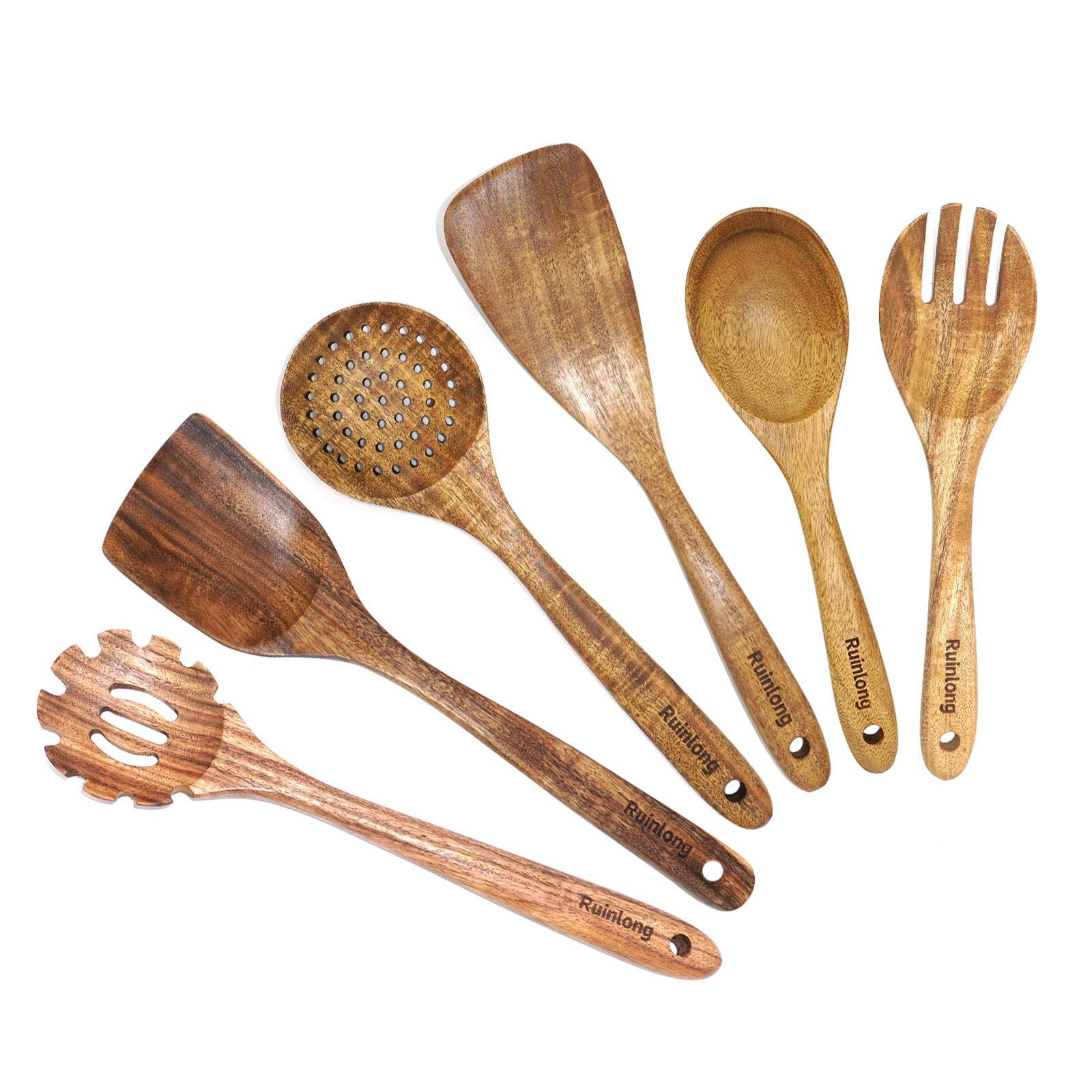6-Piece Teak Wooden Cooking Utensil Set - Wooden Spoons, Spatulas & Kitchen Tools for Baking, Stirring & Serving - Durable Eco-Friendly Wooden Utensils for Everyday Cooking & Gourmet Meals