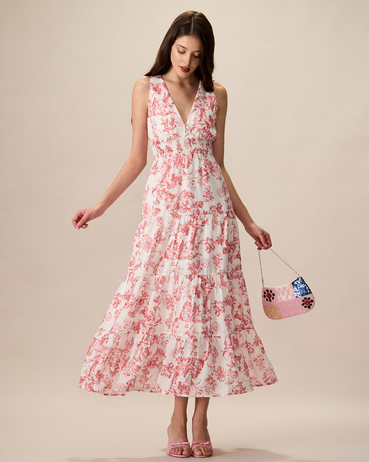 Women's Red Floral Ruched Sleeveless Maxi Dress - Elegant Summer Beach Wedding Party Gown for Vacation & Special Occasions