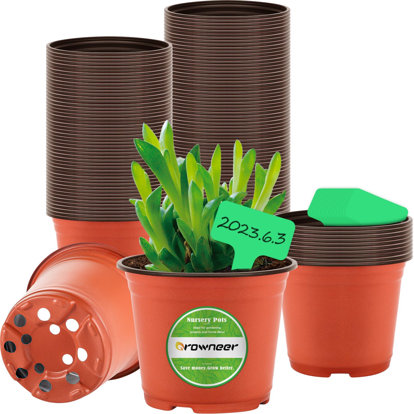GROWNEER 6 Inch Nursery Pots 120 Pack - Plastic Plant Pots with 15 Labels, Seedling Starter Containers with Drainage Holes for Indoor Outdoor Gardening - Perfect for Flowers, Herbs, Vegetables and Succulents