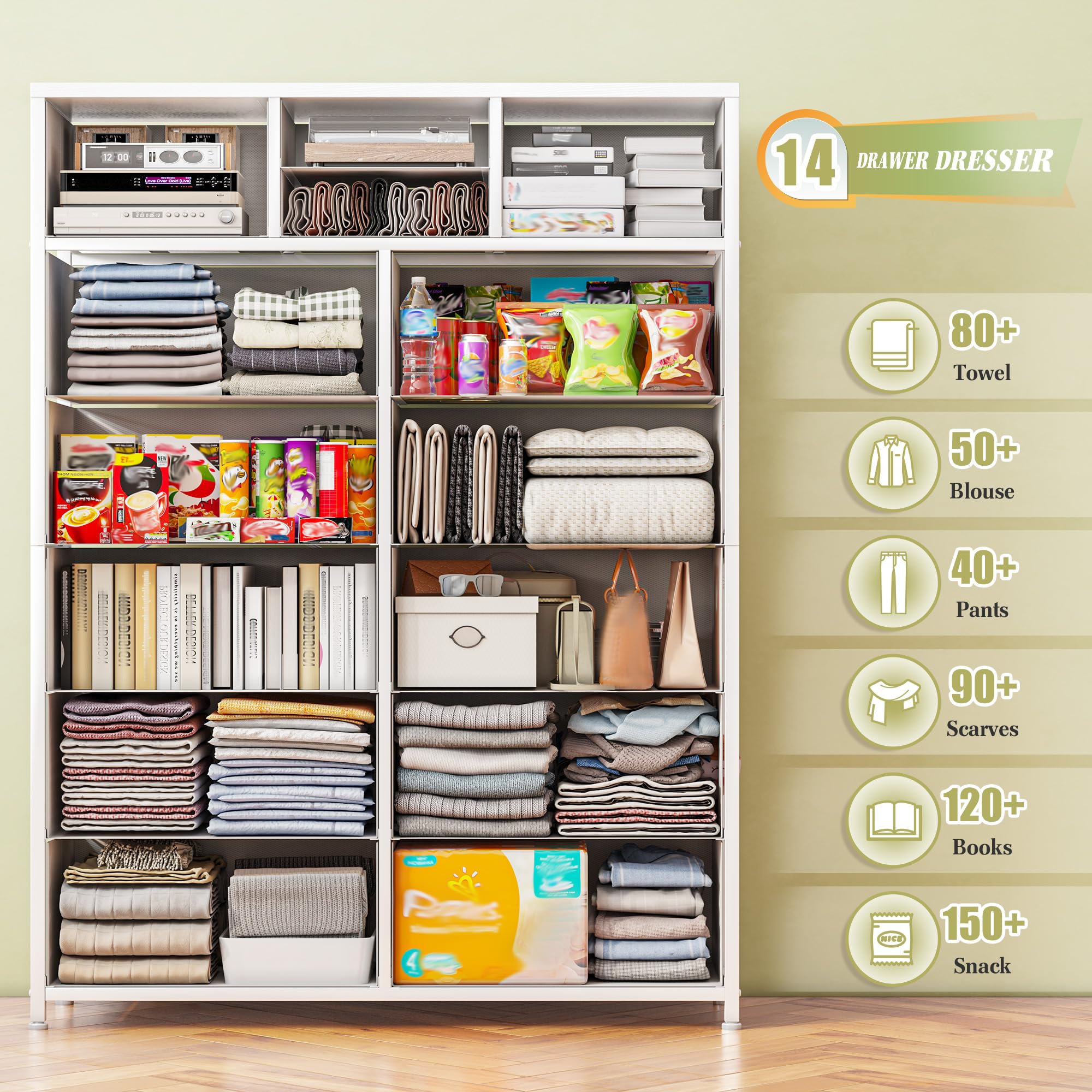 EnHomee 14-Drawer White Dresser for Bedroom - Tall Wooden Top & Metal Frame Fabric Storage Chest | Perfect for Bedroom, Closet & Living Room Organization