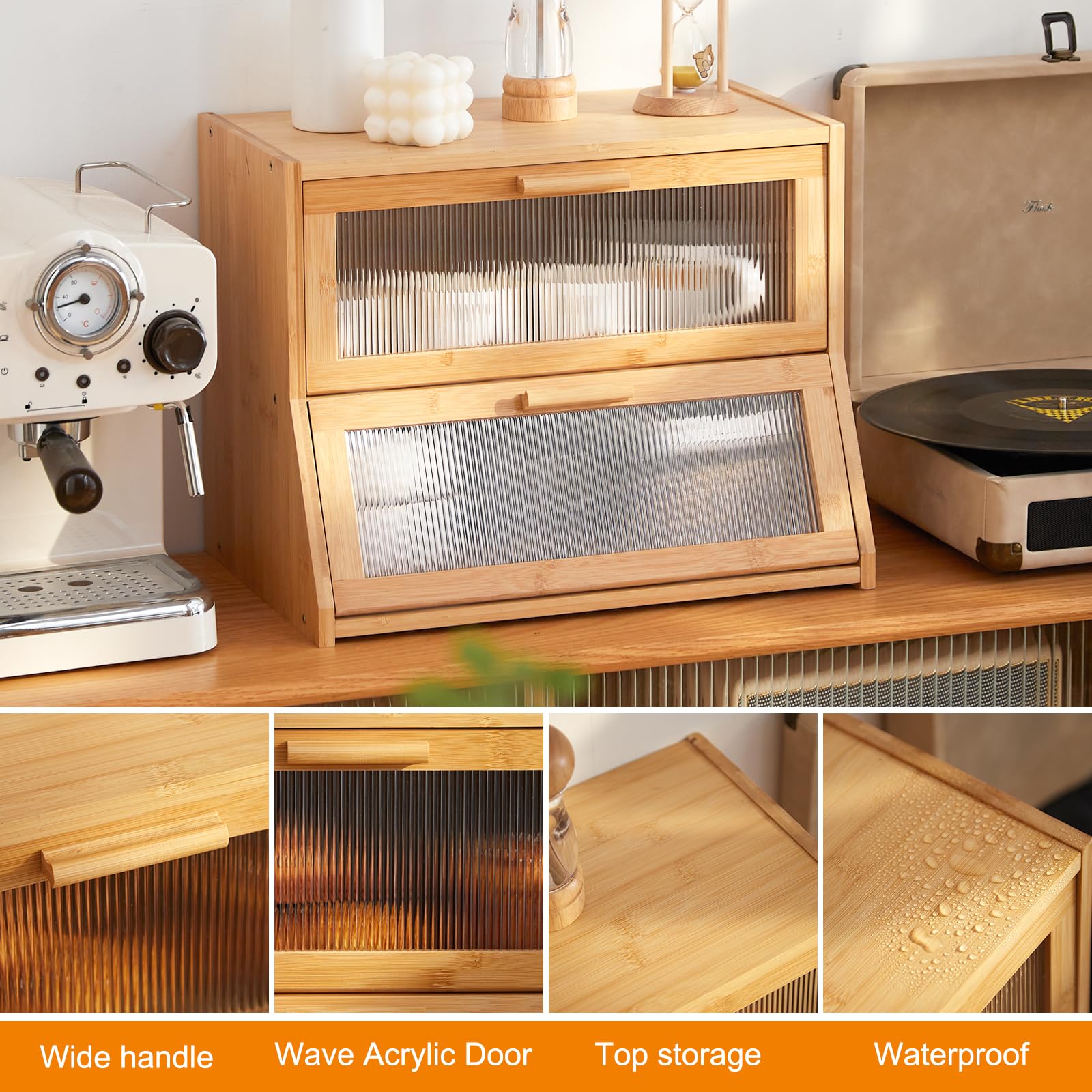 Double Layer Bamboo Bread Box for Kitchen Counter - Large Capacity Bread Storage Bin with Acrylic Wavy Door Panel - Natural Bamboo Bread Container for Bread, Buns & Pastries - Perfect for Kitchen Countertop, Pantry & Dining Room Organization