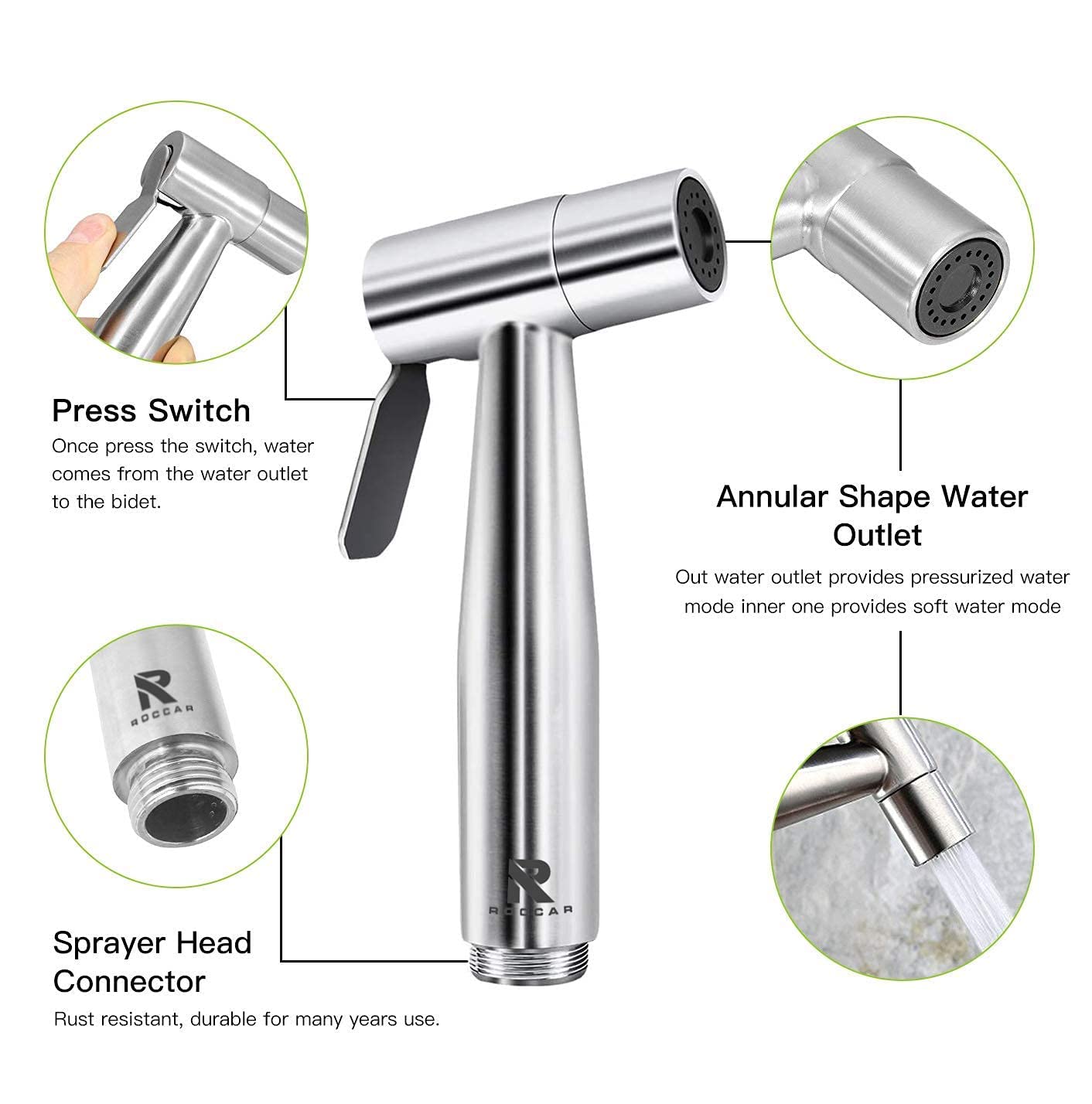 Roccar Handheld Bidet Sprayer for Toilet - Stainless Steel Hygienic Spray Attachment with Hose for Feminine Wash, Baby Cloth Diaper Cleaning, Pet Bathing & Bathroom Cleaning | Perfect for Toilet, Shower & Personal Hygiene Use
