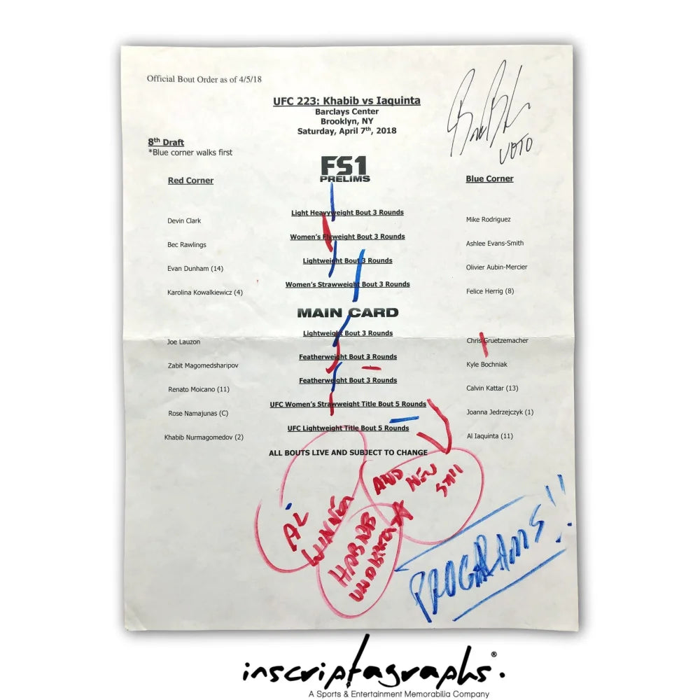 Bruce Buffer UFC 223 Event Used Official Bout Order List (Khabib vs Iaquinta) - April 7, 2018 MMA Collectible for UFC Fans & Sports Memorabilia Collectors - Perfect for Framing, Display, and UFC Memorabilia Collections