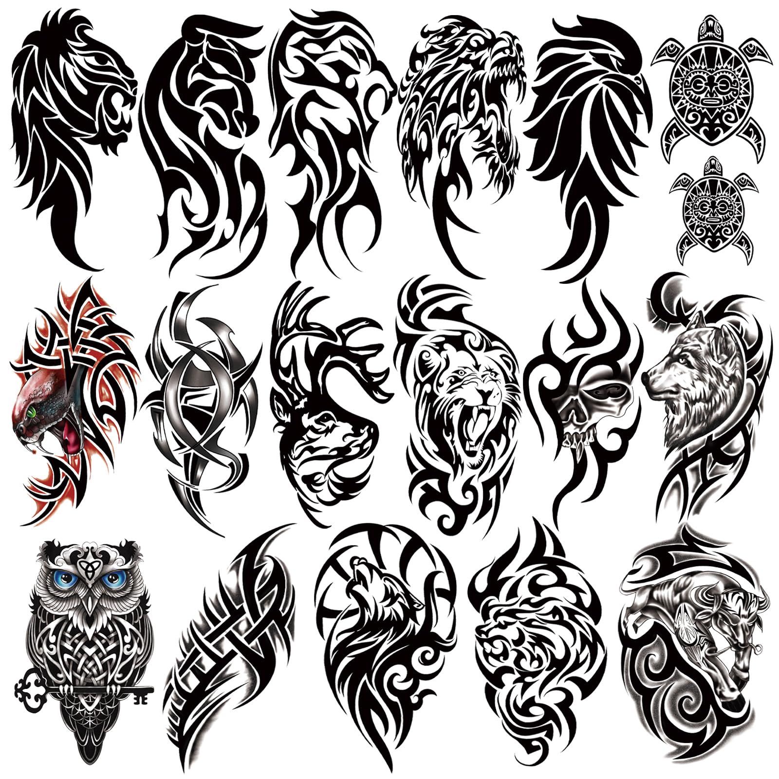 77 Sheets Temporary Tattoo Stickers - 17 Half Arm Black Tribal Animal Designs (Lion, Owl, Wolf, Turtle, Deer) + 60 Tiny Tattoos for Adults, Men, Women, Boys & Girls - Perfect for Parties, Halloween, Costumes & Body Art