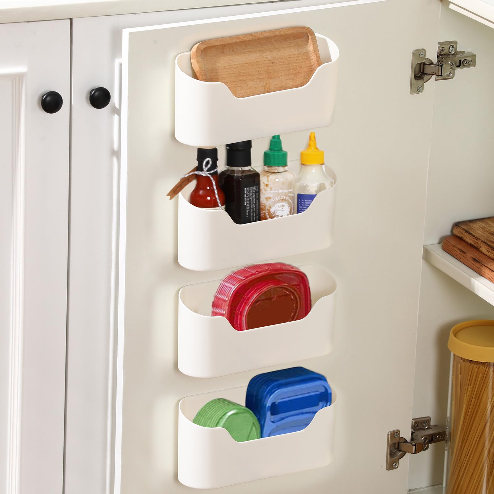 4 Pack Adhesive Cabinet Door Organizer - Space Saving Lid & Bin Holder for Kitchen, Pantry, RV, Bathroom - Wall Mount Under Sink Storage Solution for Spices, Utensils & Small Items