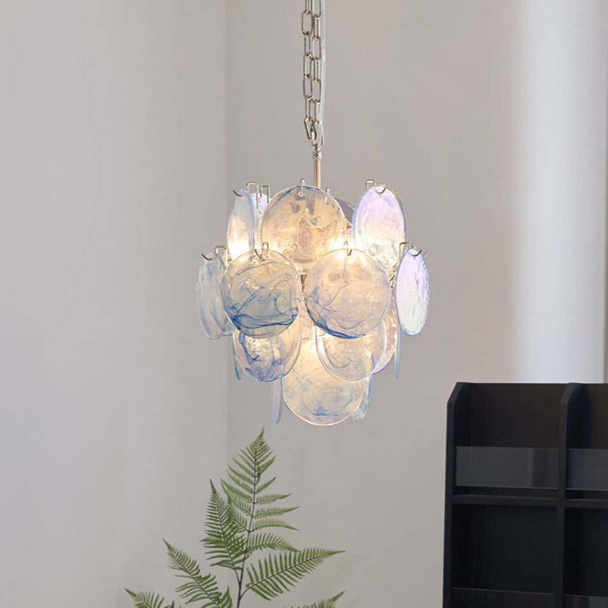 Blue Murano Glass Disc Chandelier - Elegant Venetian Style Ceiling Light Fixture for Dining Room, Living Room & Bedroom Decor