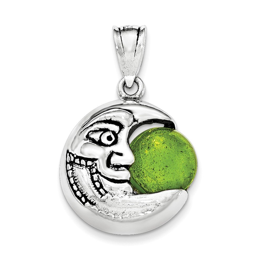 Jewels By Lux Sterling Silver Antiqued Half Moon Pendant with Face & Green Stone - Perfect for Boho Jewelry, Gift Giving & Everyday Wear