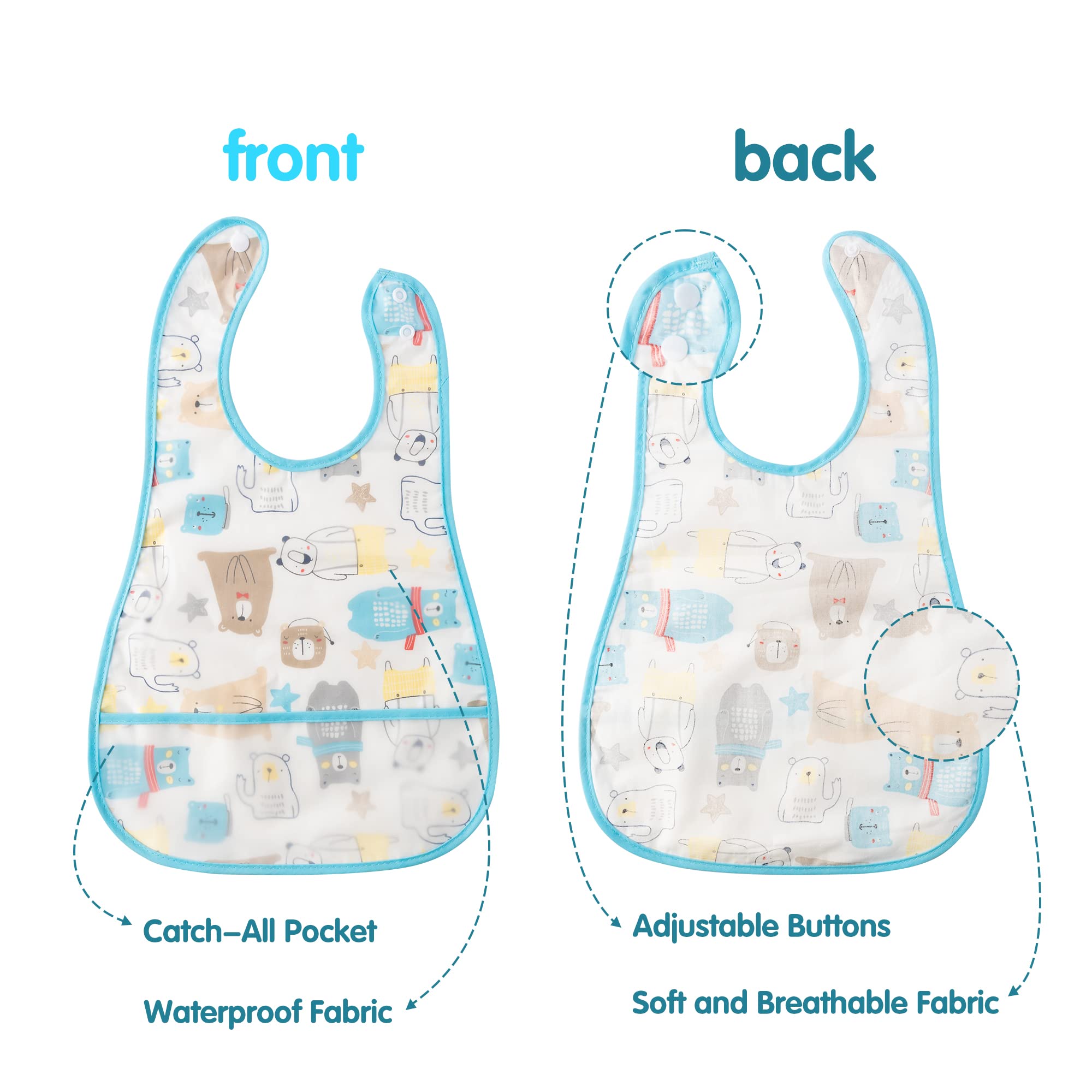 R HORSE 5-Pack Waterproof Baby Bibs with Crumb Catcher Pocket & Snap Buttons - Soft Feeding Bib Set for Infants 6-24 Months - Perfect for Mealtime, Travel & Daycare Use