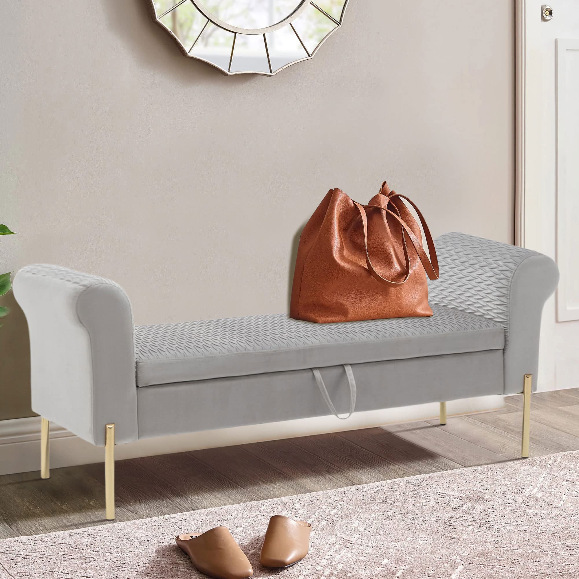 Modern Velvet Storage Ottoman Bench with Arms - Upholstered Footstool for Bedroom, Living Room & Entryway - Perfect for Seating, Storage & Home Decor