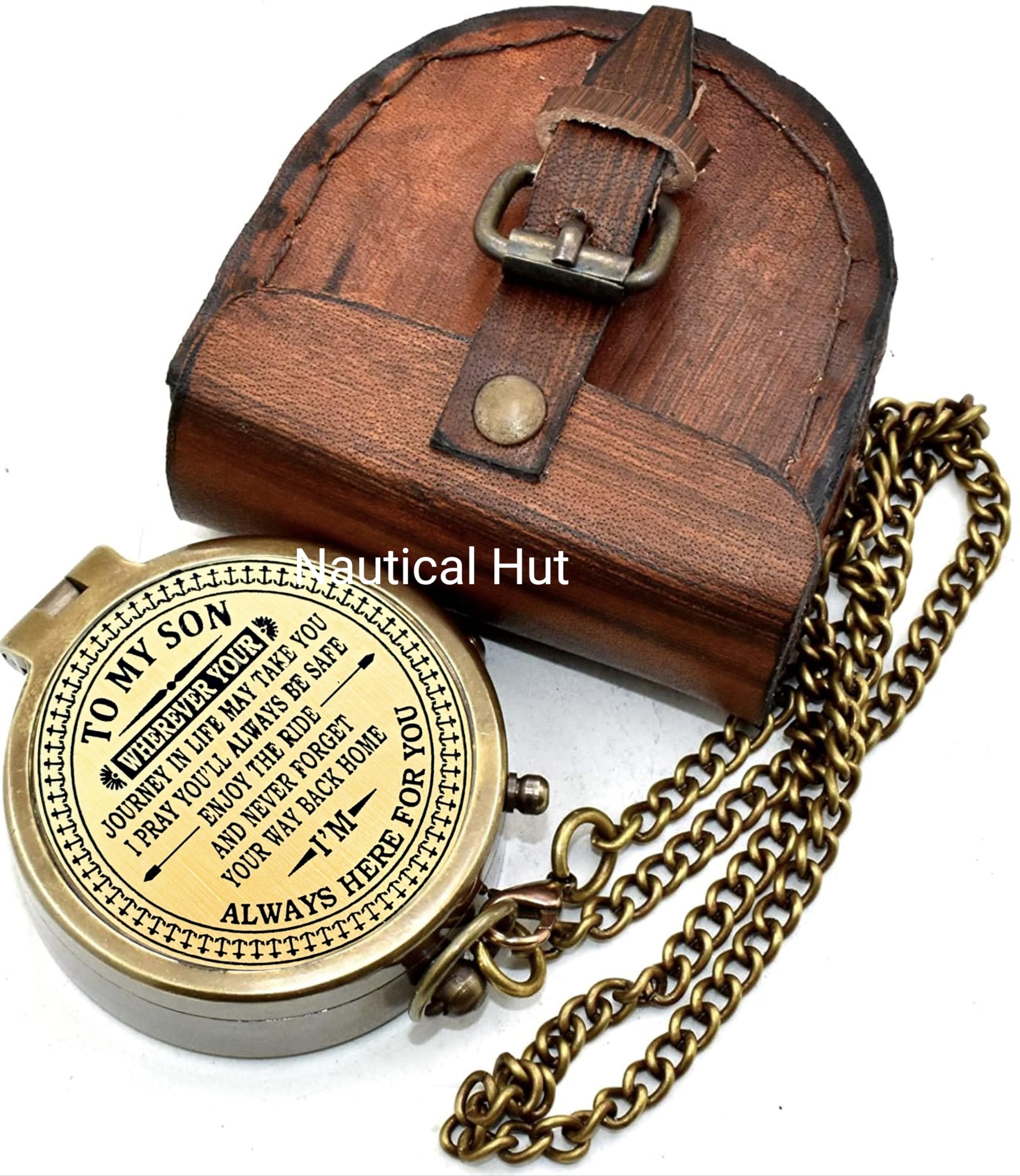**Antique Nautical Compass with Engraved Design & Leather Case - Unique Gift for Son, Dad, Mom - Birthday, Graduation, Adventure Gift - Perfect for Travel, Hiking, Outdoor Exploration**