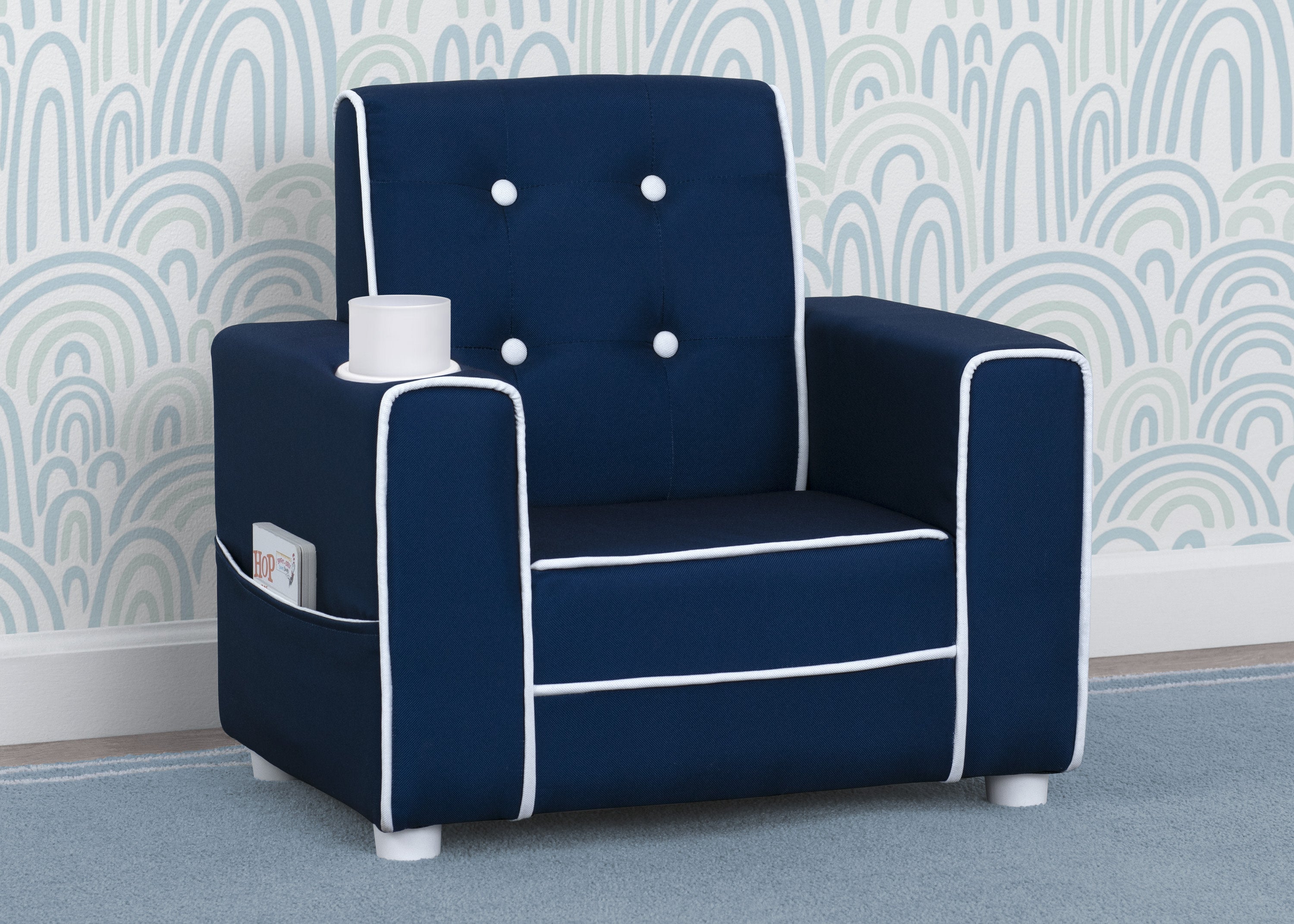 Chelsea Kids Upholstered Chair with Cup Holder - Comfortable Children's Armchair for Reading, Gaming & Relaxing - Perfect for Bedroom, Playroom or Nursery