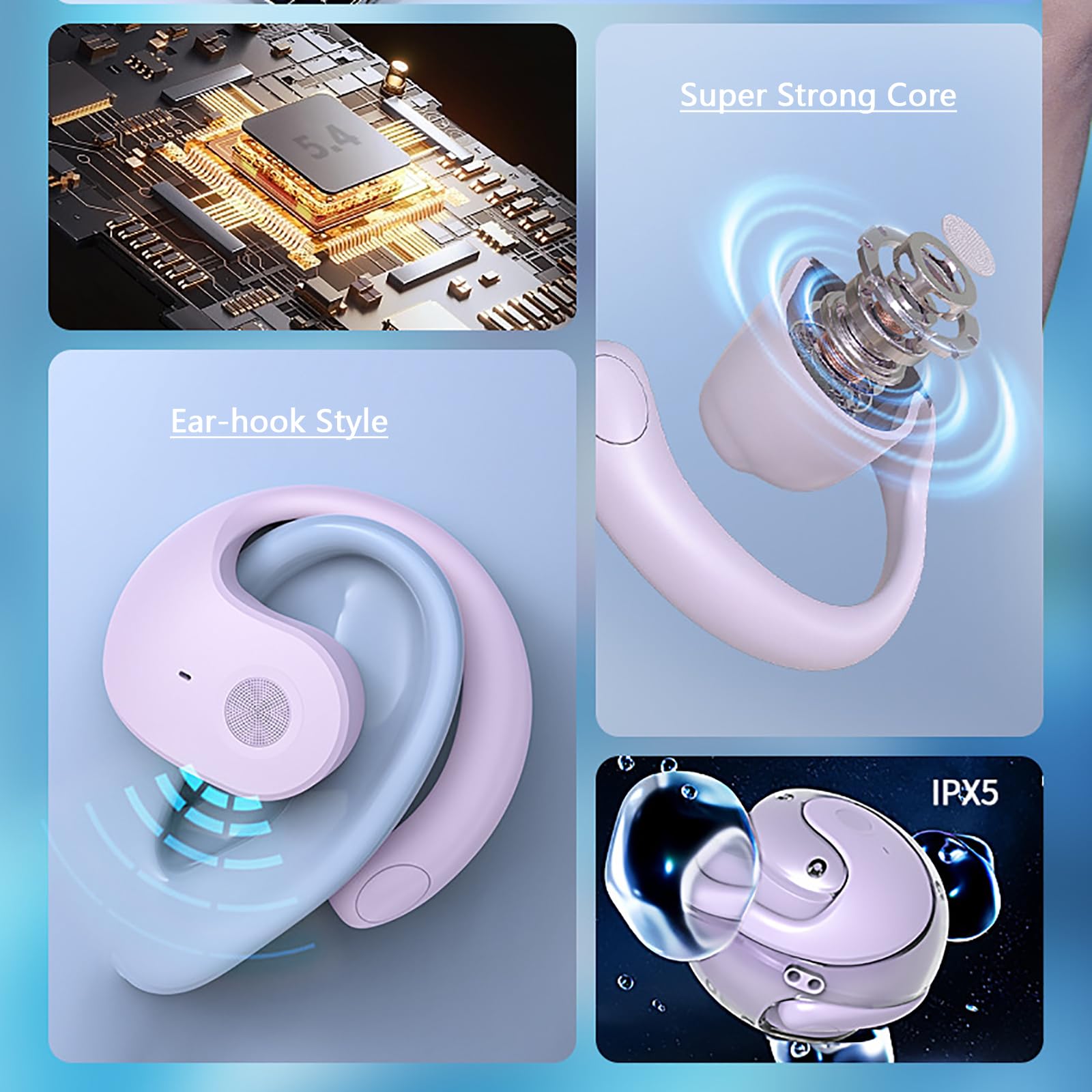 Wireless Bluetooth Earphones OWS Open Ear Hanging Headphones with Bluetooth 5.4, HiFi Stereo Sound & Noise Cancelling - Lightweight Comfortable for Running, Sports, Workouts & Daily Use (Purple)