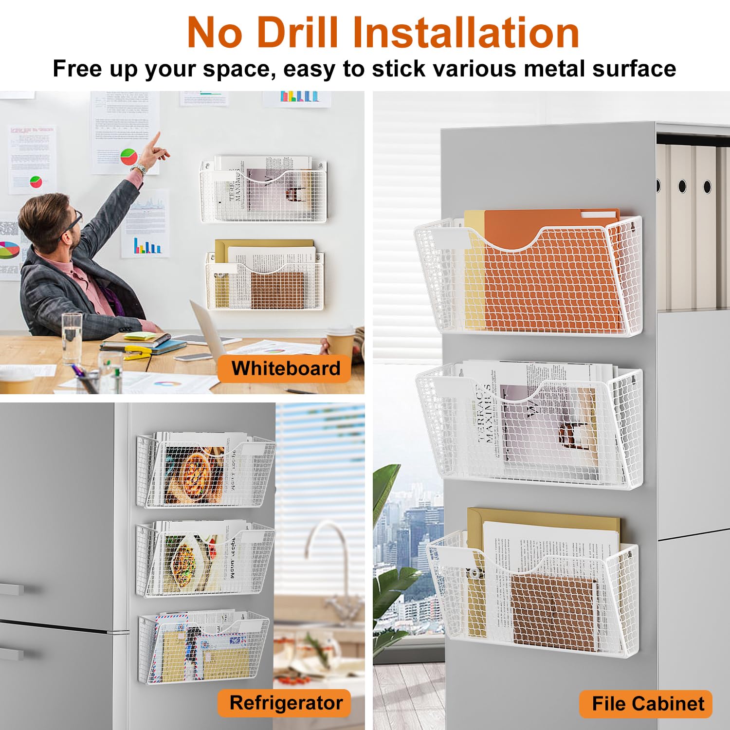 MFTEK Magnetic File Holder - 3-Pocket Wall Organizer for Paper, Mail & Magazines - No Drilling Hanging Storage Rack for Fridge, Cabinet, Office & Classroom (White) - Perfect for Home, Office & School Organization