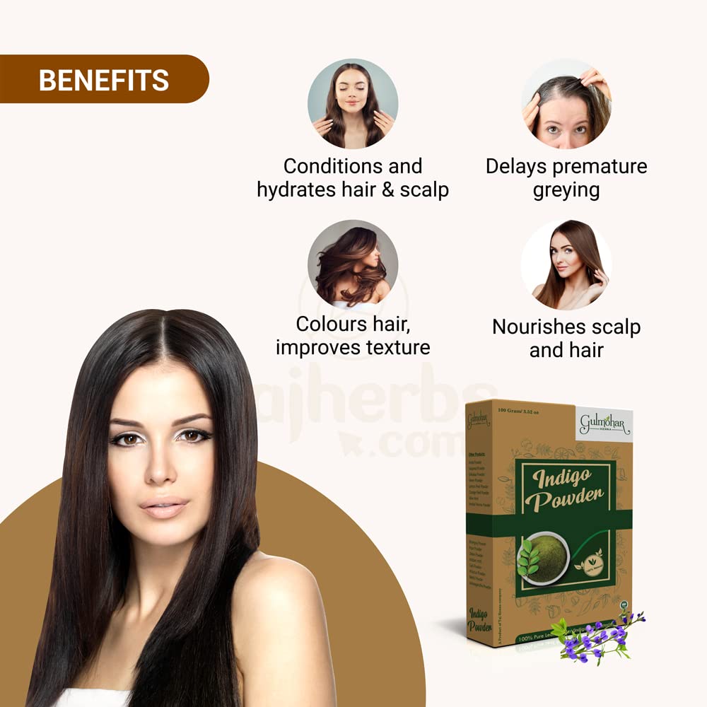 Gulmohar 100% Organic Indigo Powder for Natural Hair Color & Care | Chemical-Free Black Hair Dye | 100g | Safe for DIY Hair Coloring at Home